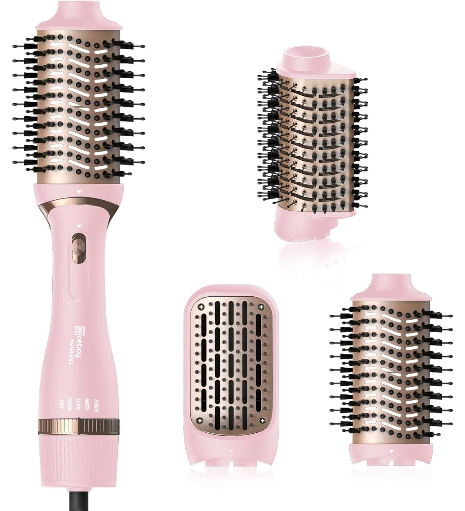 Nicebay Hair Dryer Brush - 4-in-1 Hot Tools Blow Dryer for Drying Straightening Curling & Volumizing - Oval Hot Air Brush with 3 Attachments & Multi-Temperature Settings - Pink & Gold - Buy Online on GoSupps.com