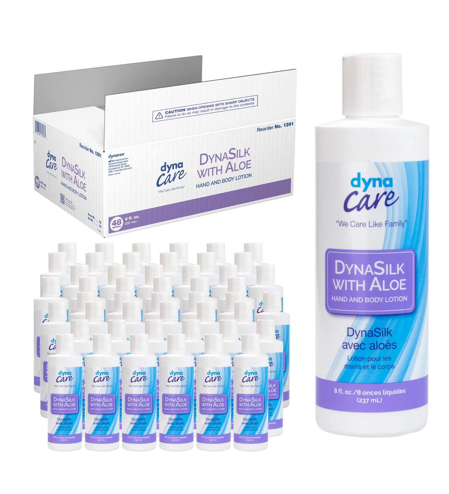Dynarex DynaSilk with Aloe - Moisturizing Hand & Body Lotion for Dry Skin - Non-Greasy with Refreshing Scent - For All Skin Types - 8 oz. 48 Bottles per Case - Buy Online on GoSupps.com