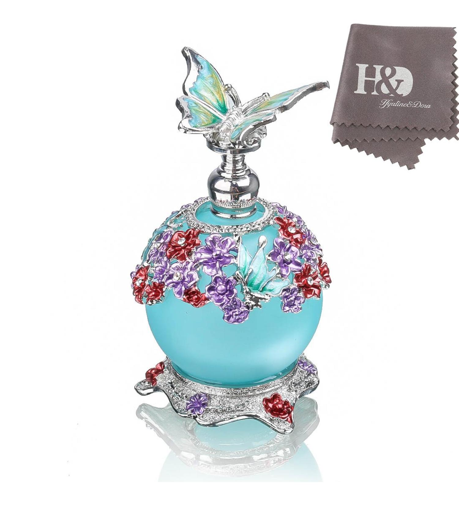H&D Retro Frosted Blue Glass Perfume Bottle 23ml with Butterfly Stopper - Refillable & Stylish International Shipping - Buy Online on GoSupps.com