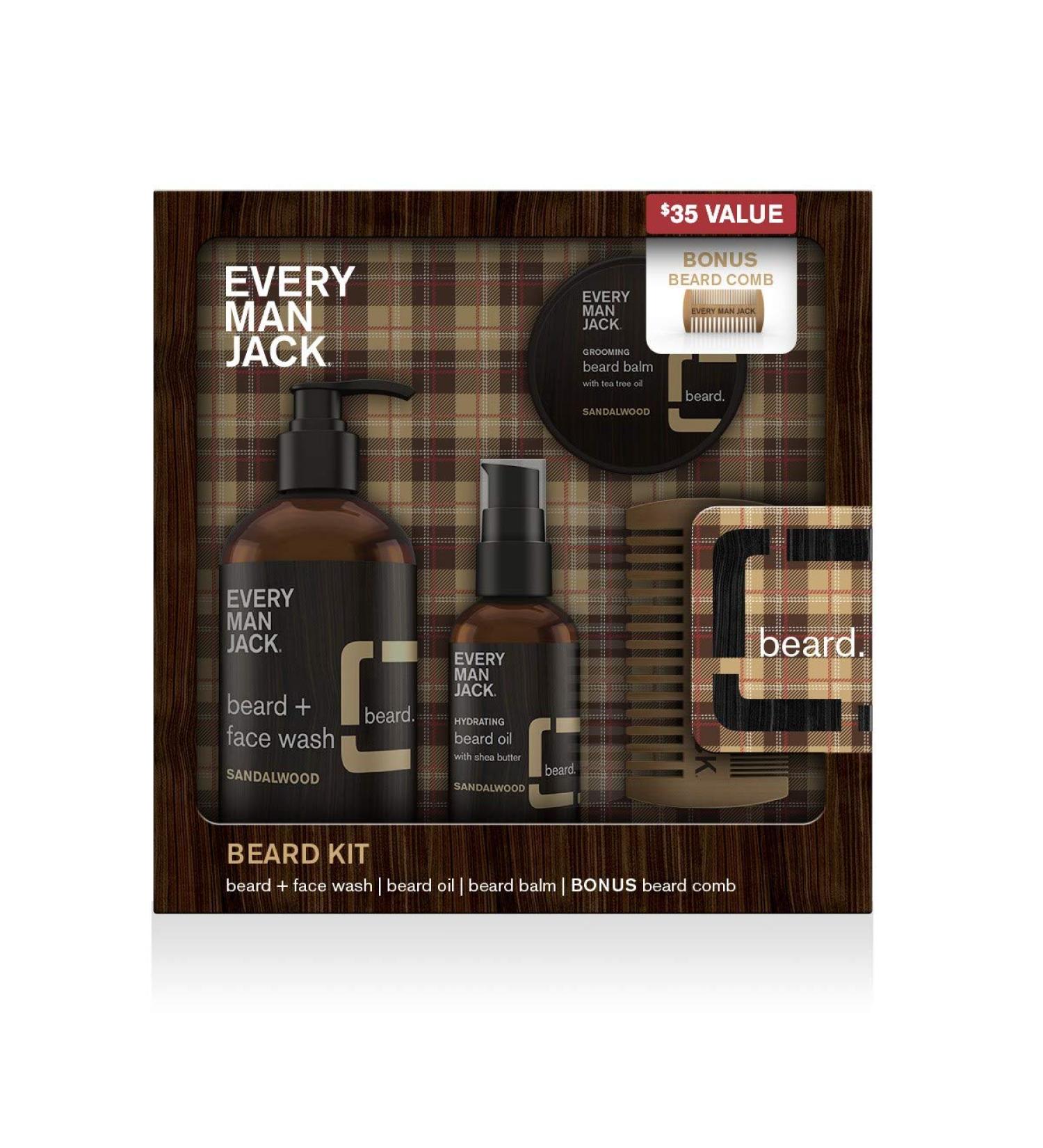 Every Man Jack Sandalwood Beard Kit - Complete Grooming Essentials for Men - Beard Wash Oil Balm & Comb - Buy Online on GoSupps.com