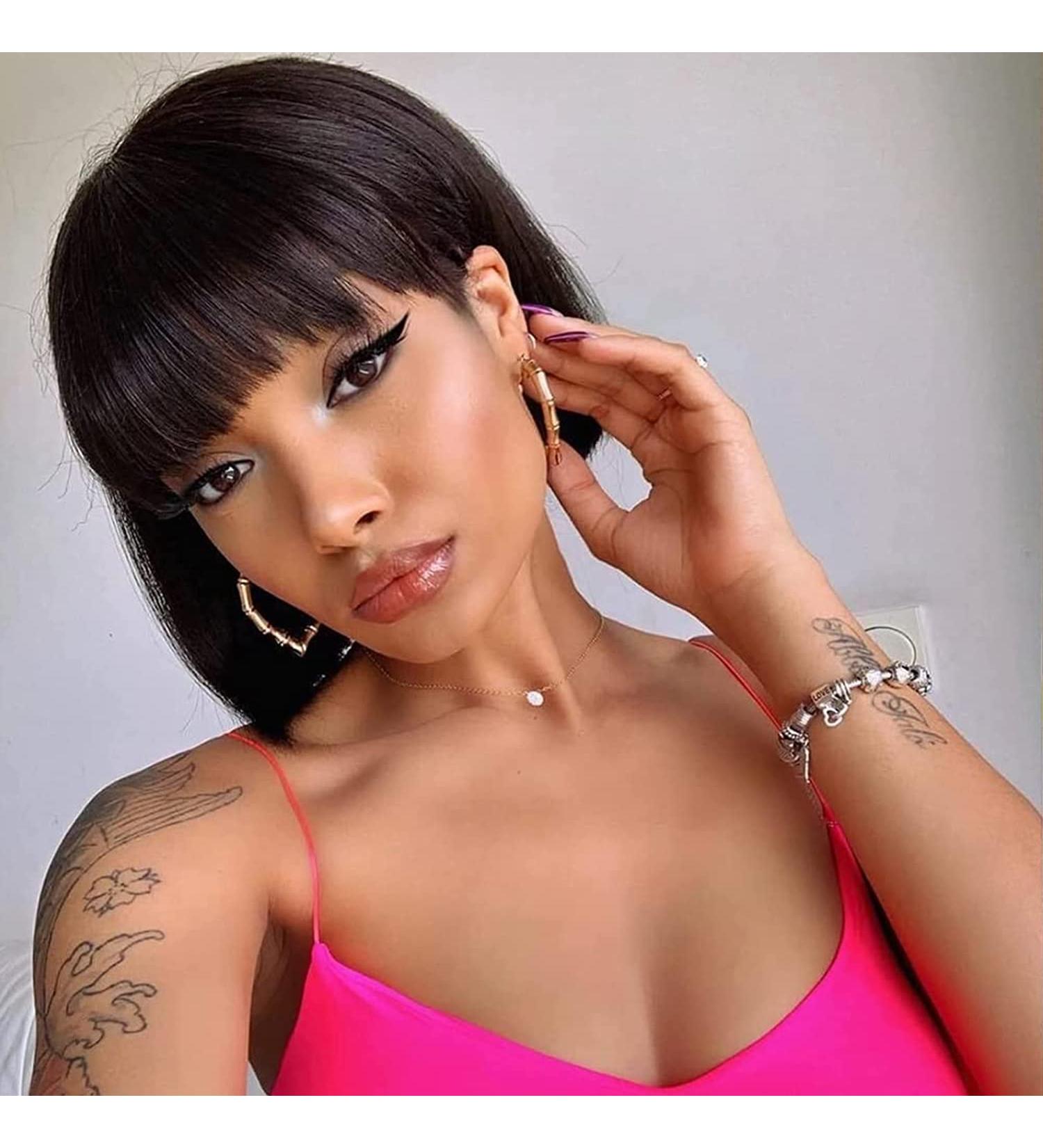 10 Inch Short Bob Human Hair Wig with Bangs - 150% Density Straight Bang Bob for Women (Natural Black) - Buy Online on GoSupps.com