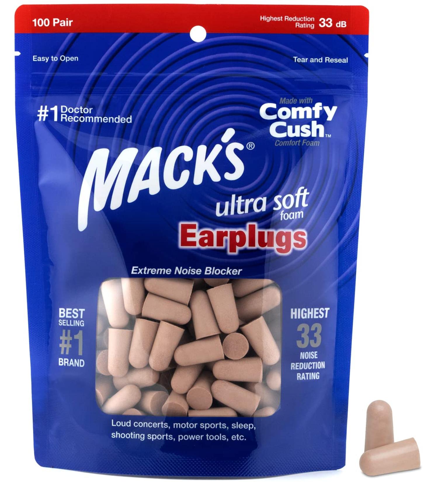 Mack's Ultra Soft Foam Earplugs 100 Pair Bag - 33dB NRR for Sleep, Snoring, Travel & Noise Reduction - Buy Online on GoSupps.com
