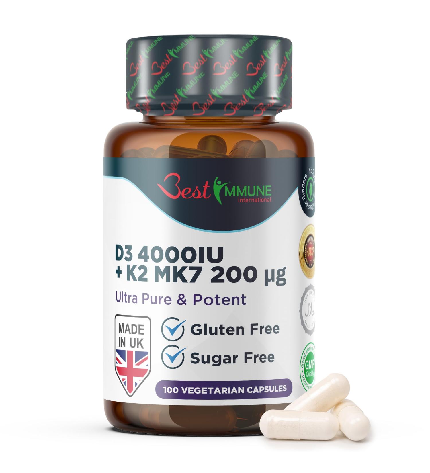 Best Immune International Best Immune Natural Vitamin D3 4000IU K2 MK7 200mcg Premium Quality 100 Capsules Immune Support Maximum Absorption Premium Quality - Buy Online on GoSupps.com