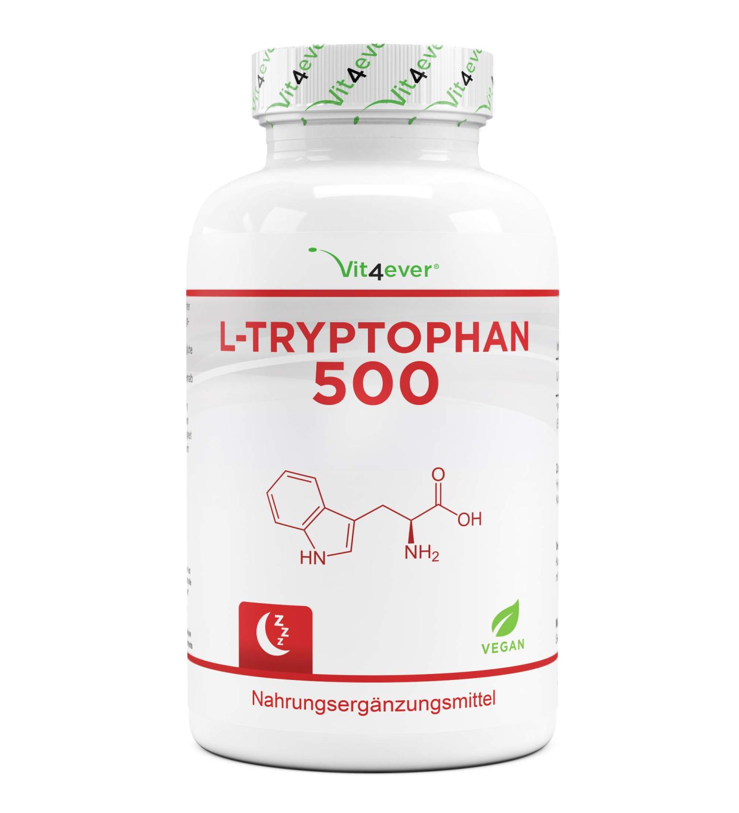 L-Tryptophan 500 mg - 365 Vegetable Fermentation Capsules - 12 Months of Battery Life - No Additives - High Dosed - Vegan - Buy Online on GoSupps.com