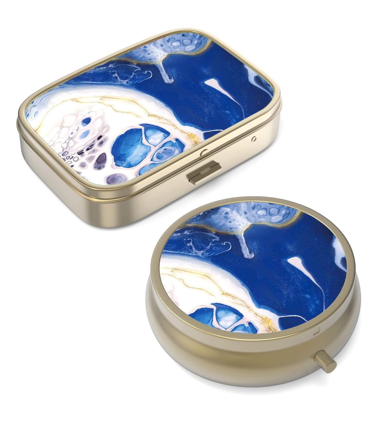 Retro Small Pill Can Box with Mirror - 2 Piece Marble Paint Travel Gift - Perfect for Vitamins & Supplements - Wallet or Bag Portable Bronze Pill Organizer - Buy Online on GoSupps.com