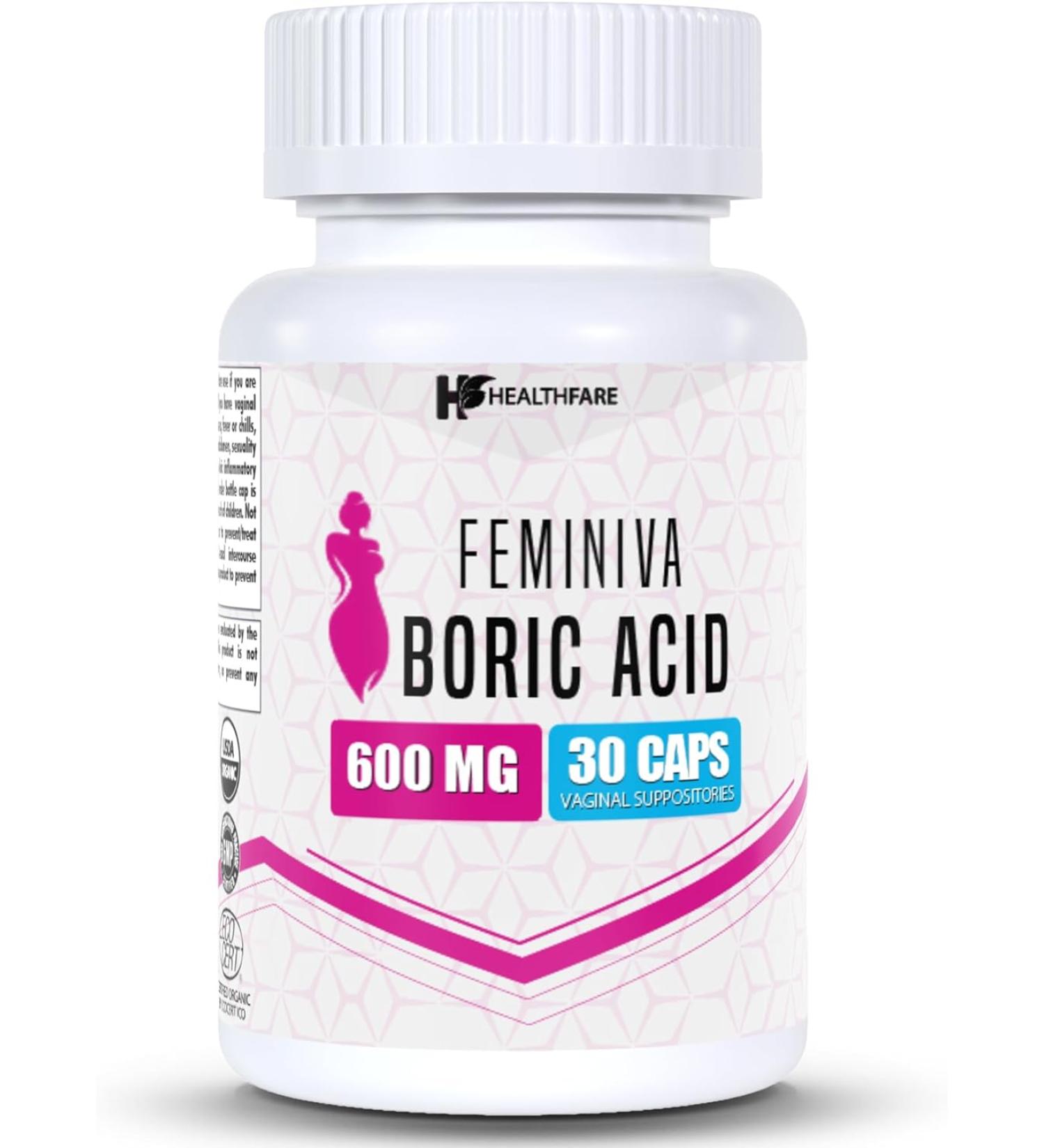 HealthFare Boric Acid Vaginal Suppositories - 30 Count 600mg - Feminiva - Vegan Intimate Health Support - Buy Online on GoSupps.com
