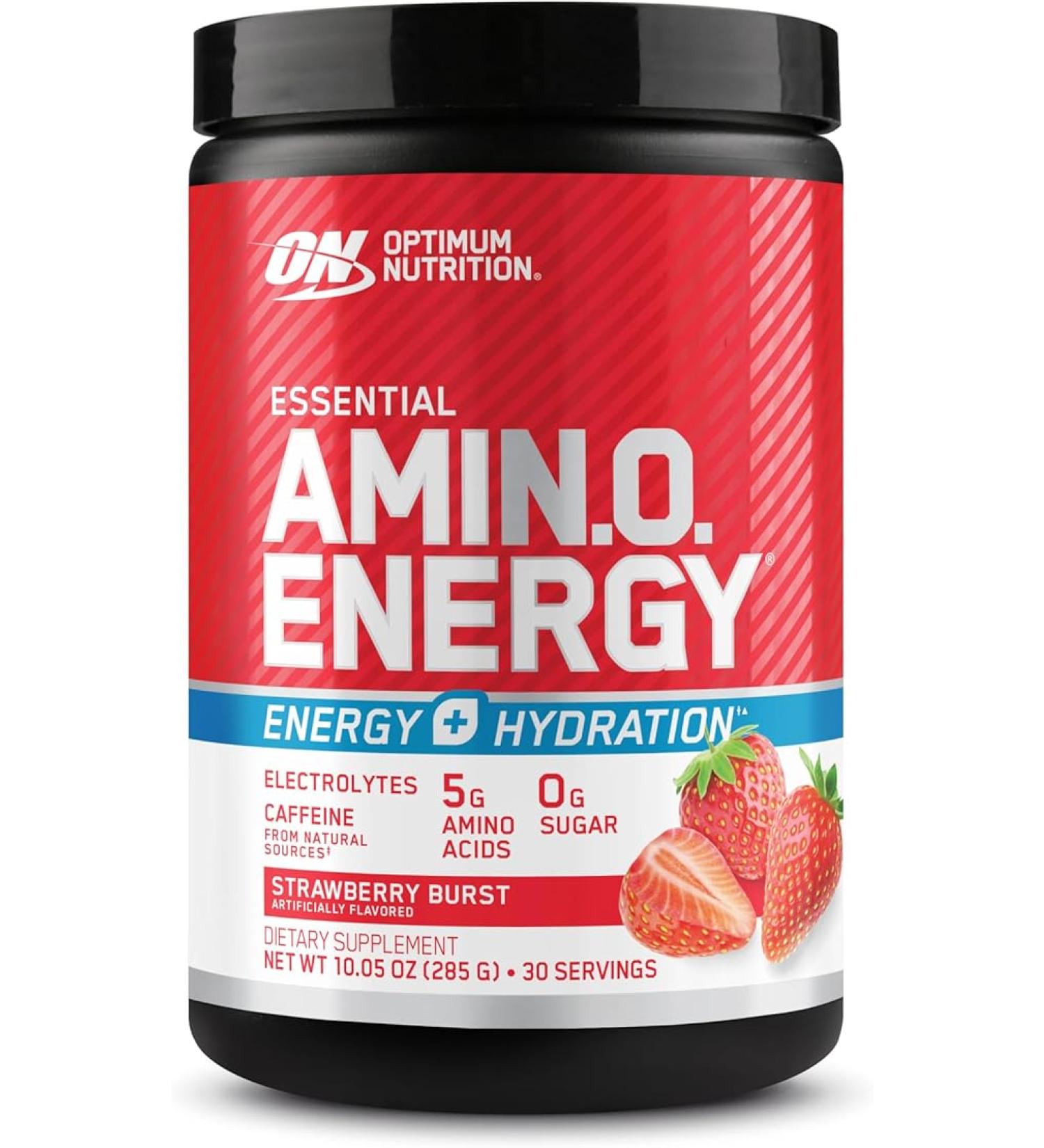 Optimum Nutrition Amino Energy Powder Plus Hydration, with BCAA, Electrolytes, and Caffeine, Strawberry Burst, 30 Servings - Buy Online on GoSupps.com