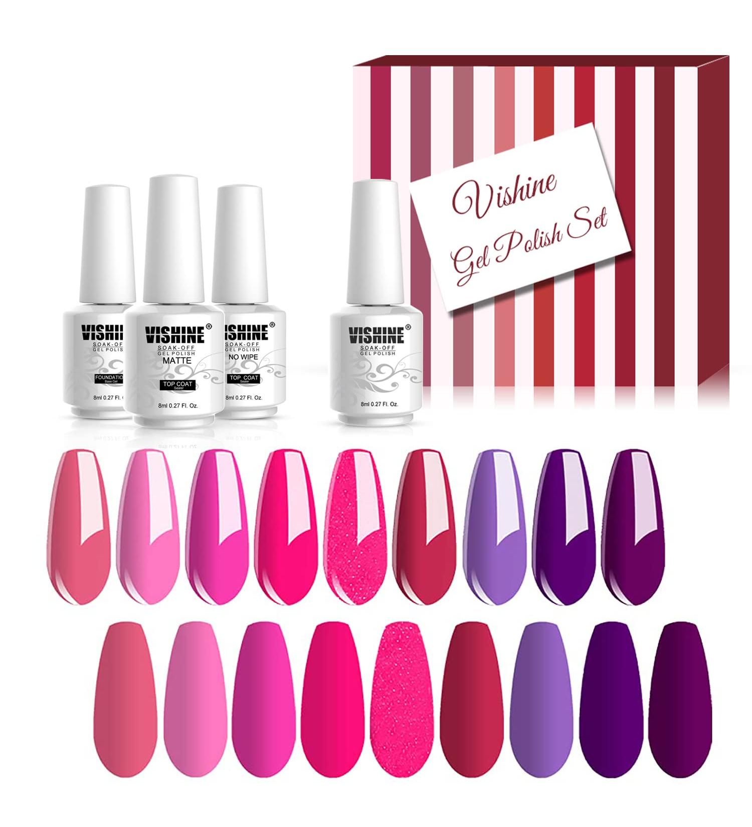 Vishine UV Nail Polish Gel Pink Colours Set 12 Colours Nail Polish Pink Fuchsia Purple UV LED Gel Series Soak Off Base Top Coats Matte Top Coat Set 8 ml - Buy Online on GoSupps.com