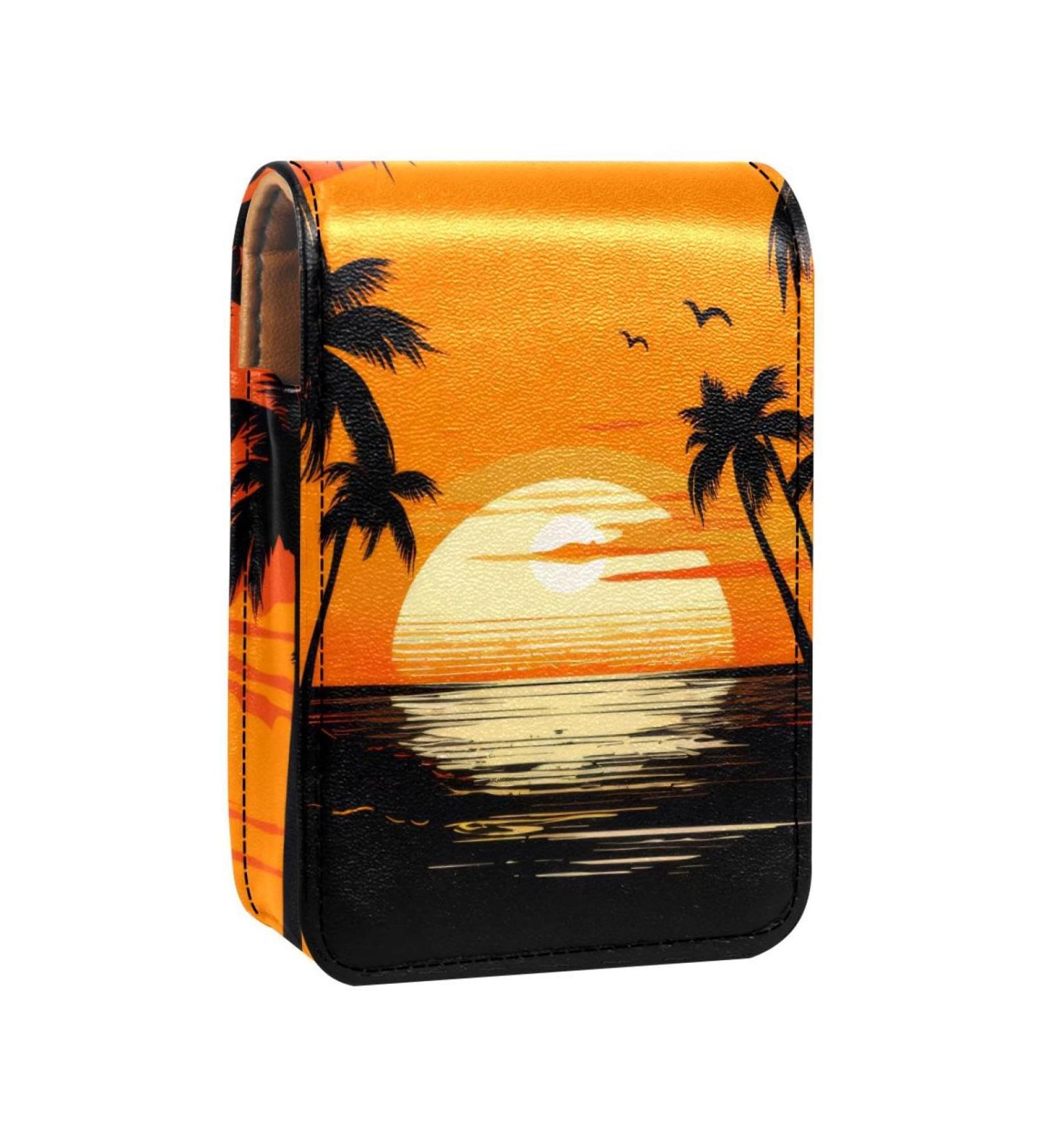 Buy Leather Lipstick Case Organizer with Mirror - Mini Beach Palm Tree Sunset Lip Gloss Holder - Buy Online on GoSupps.com