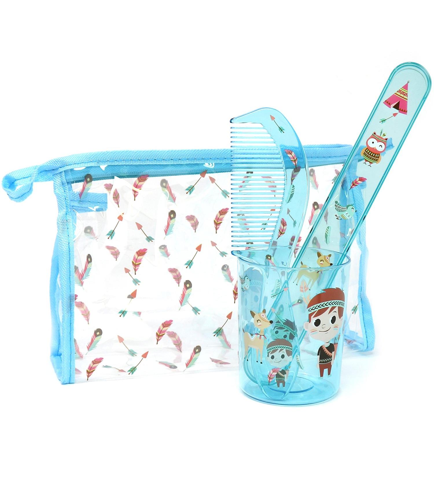 Com-Four Kids 4-Part Travel Set - Toothbrush Mug Case Comb & Zip Pocket - Indian Motif Hygiene Bag (Blue) - Buy Online on GoSupps.com
