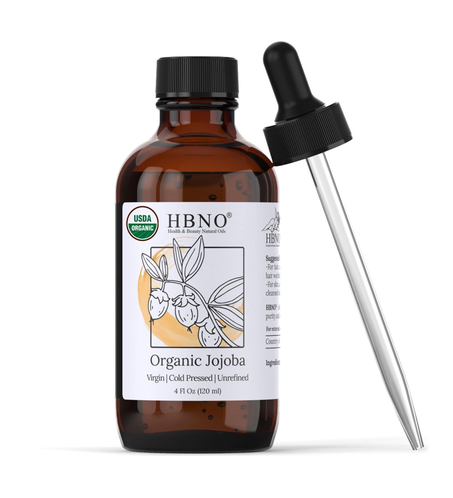 HBNO Organic Jojoba Oil 4 oz - Cold Pressed Natural Carrier Oil for Massage Aromatherapy DIY Soap Making & Skincare - Premium Quality Jojoba Oil - Buy Online on GoSupps.com