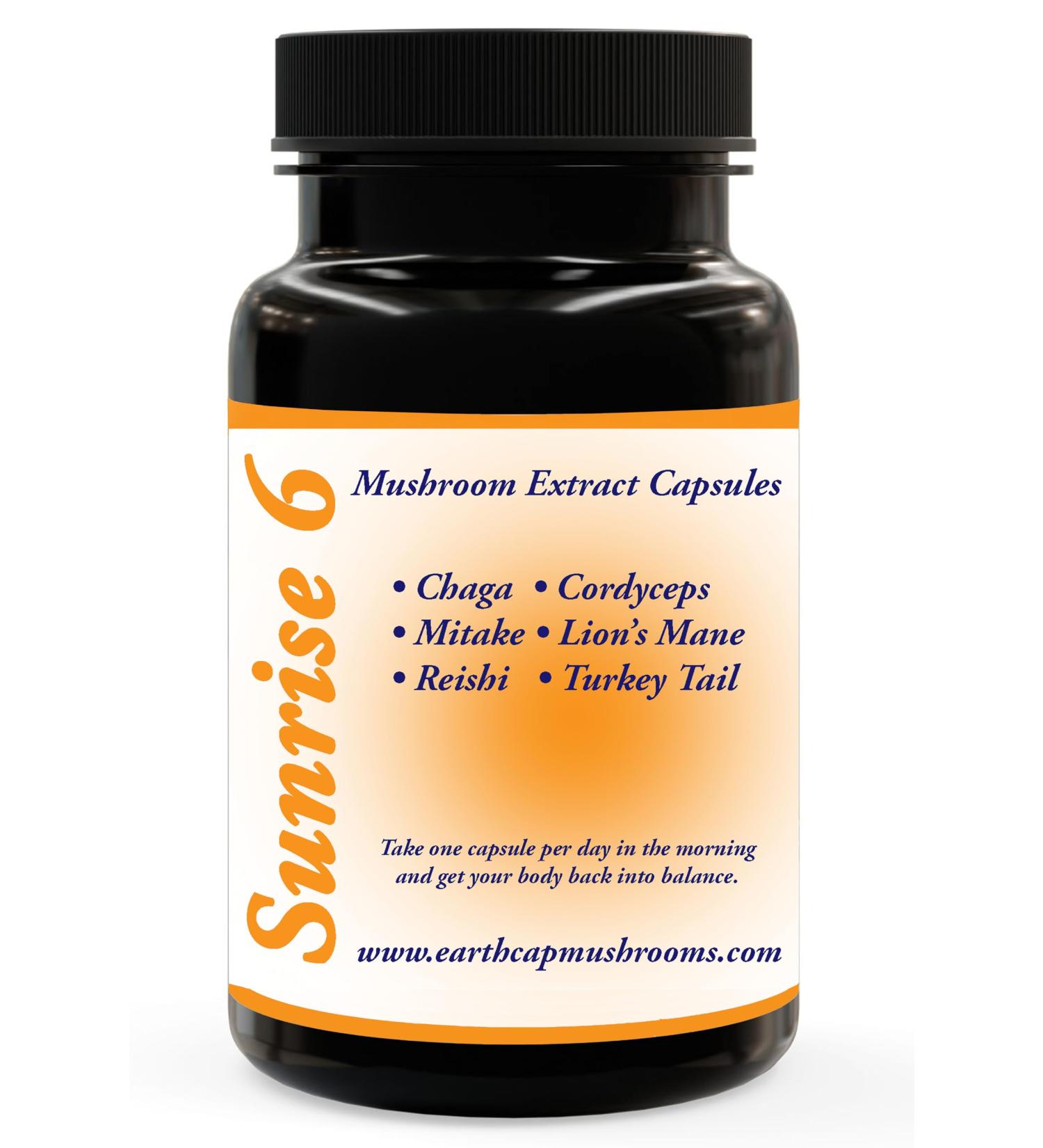 Earth Cap Mushrooms Sunrise 6 Mushroom Supplement Capsule - Chaga Cordyceps Lion's Mane Maitake Reishi Turkey Tail Real Fruiting Body - No Fillers - Buy Online on GoSupps.com