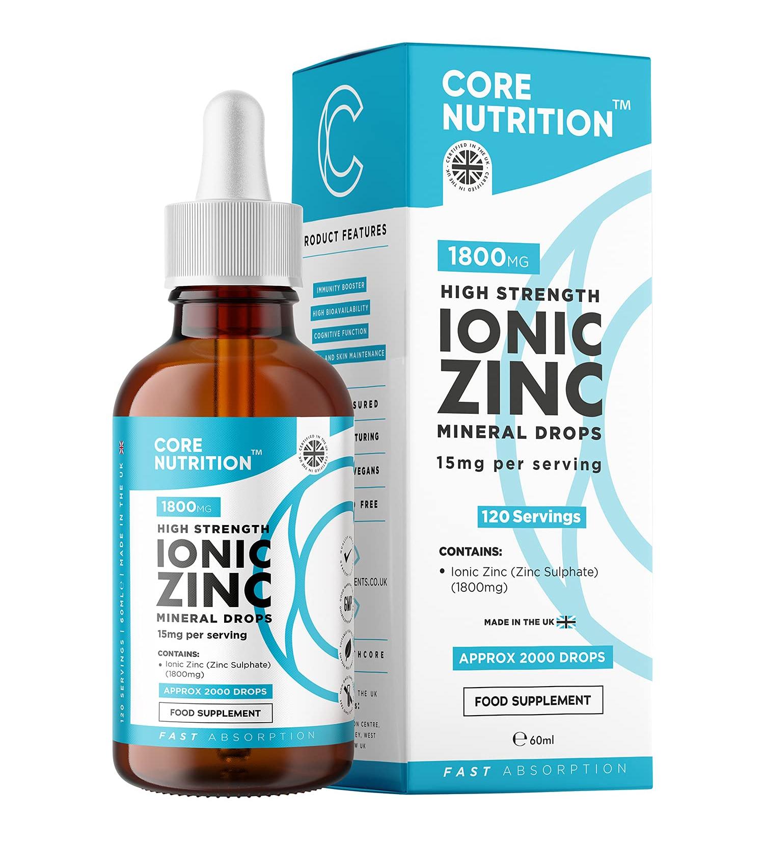 Ionic Zinc Liquid Drops 15mg - 60ml Glass Bottle - 120 Servings - Metabolism Boost & Immune Support - Core Nutrition - Buy Online on GoSupps.com