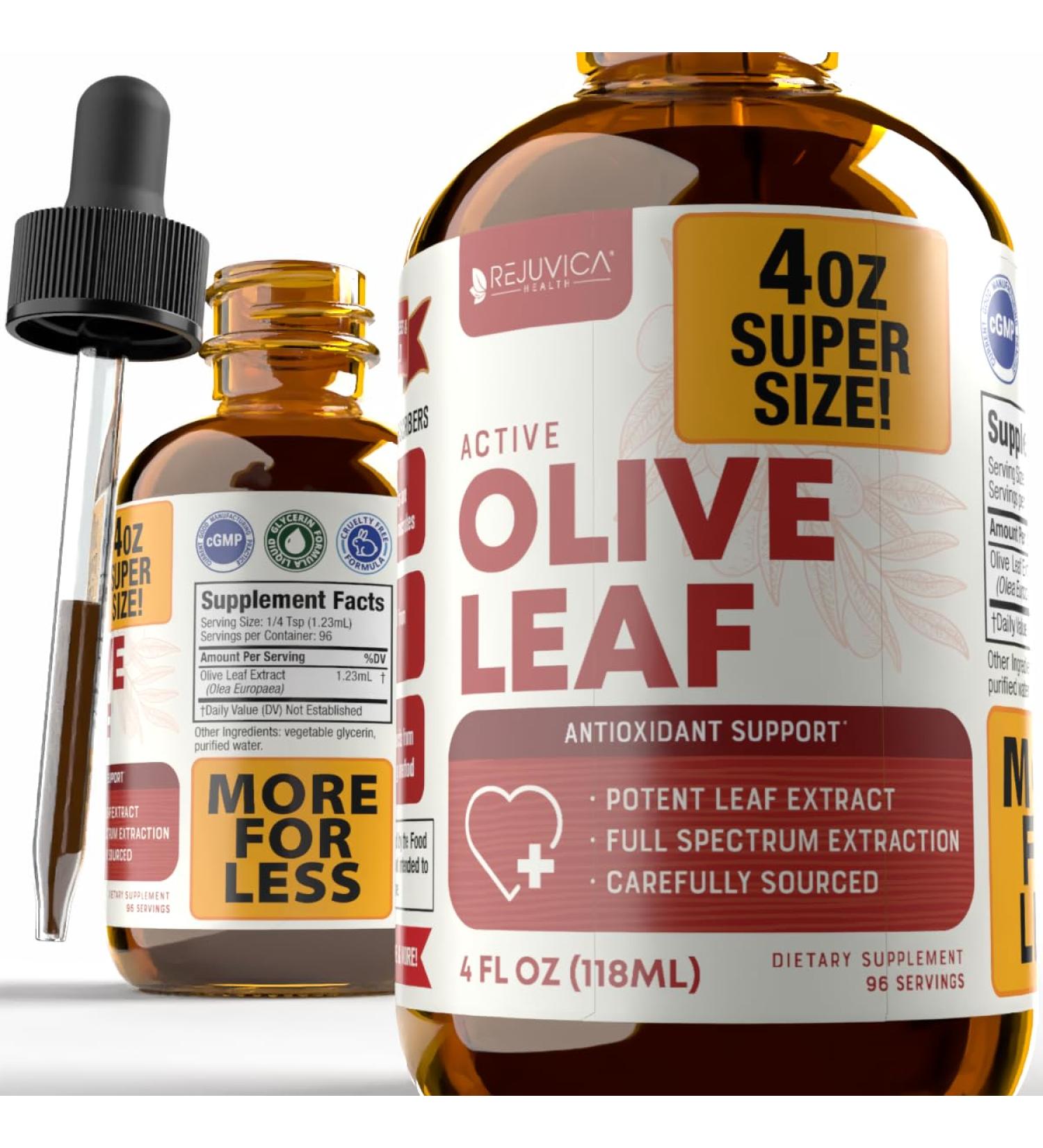 Rejuvica Health Active Olive Leaf 4oz XL Super Size Tincture - Advanced Olive Leaf Liquid Extract - Naturally Occurring Oleuropein - Immune & Heart Support Drops 4 Fl Oz (Pack of 1) - Buy Online on GoSupps.com