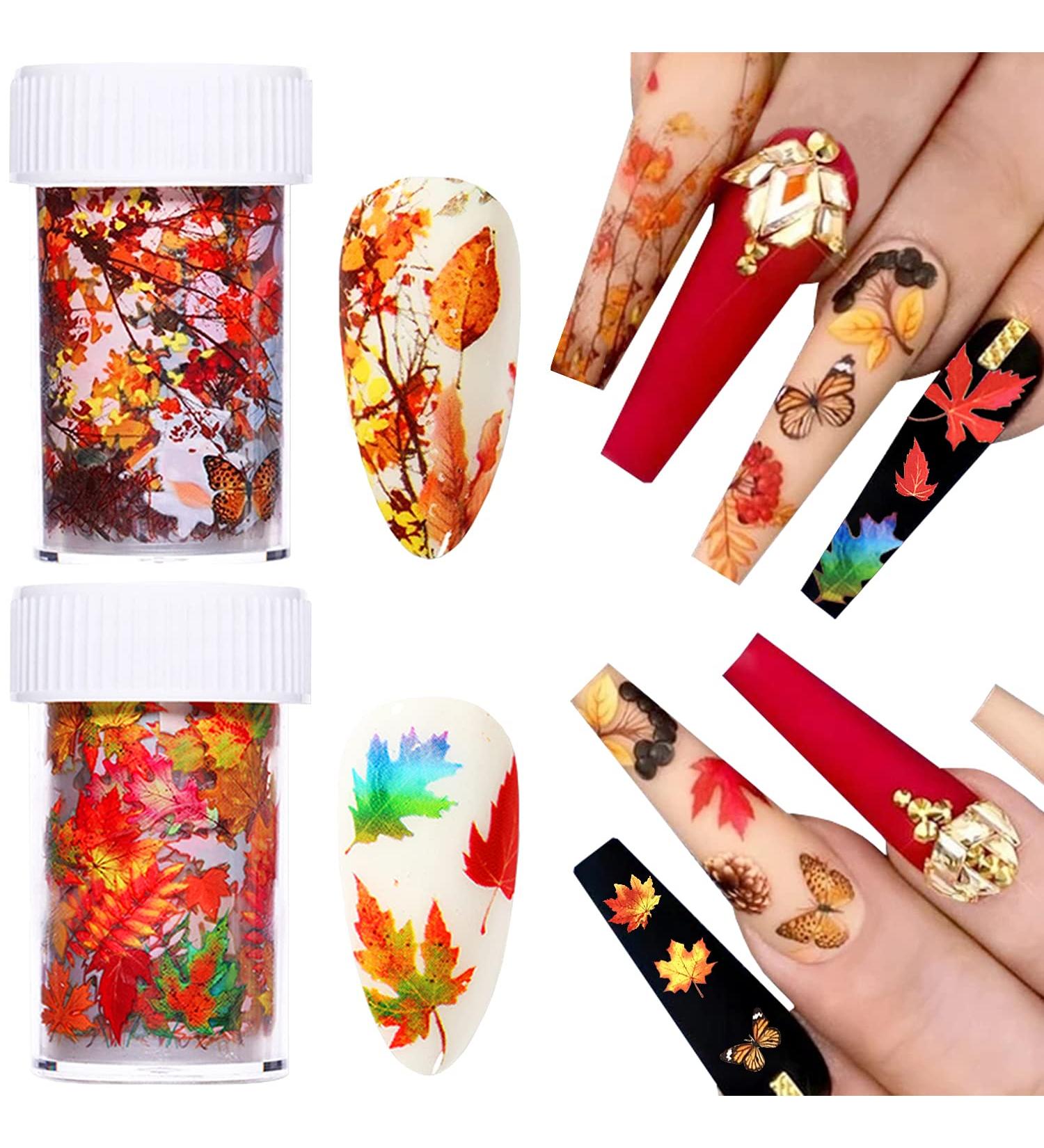 Fall Nail Foil Transfer Stickers - Maple Leaf & Flower Designs | Thanksgiving Nail Art Decals for Women & Girls (2 Rolls) - Buy Online on GoSupps.com
