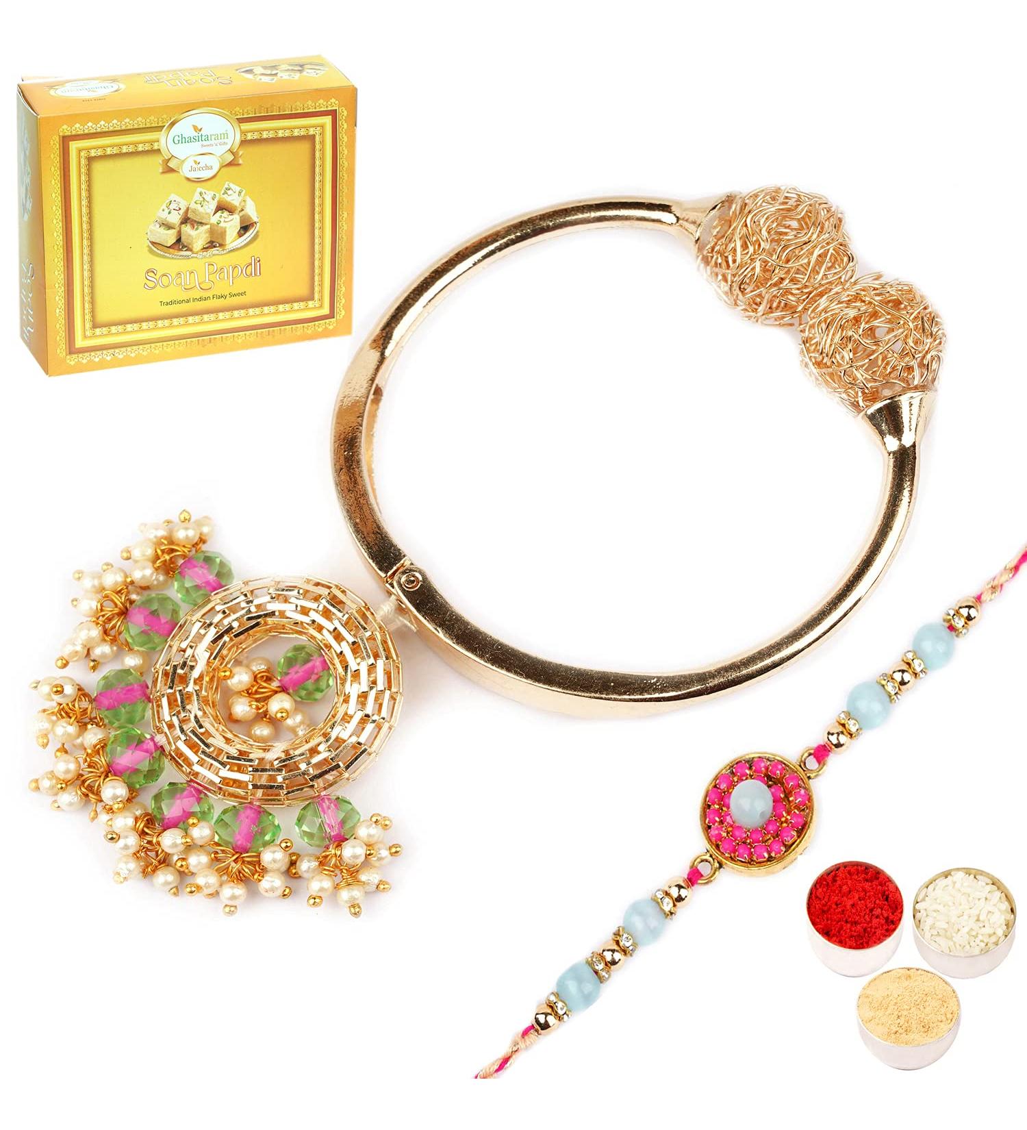 Ghasitaram Gifts Rakhi for Brother Rakhis Online - RM-132 Bhaiya Bhabhi Rakhi with 400 GMS of Soan Papdi - Buy Online on GoSupps.com