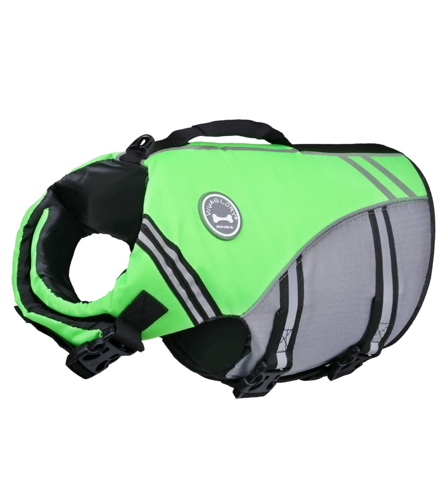 Vivaglory Sports Style Dog Life Jacket - Durable Adjustable Neon Green for Medium Dogs (56-64 cm Chest) - Excellent Buoyancy & Safe Fastening System - Buy Online on GoSupps.com