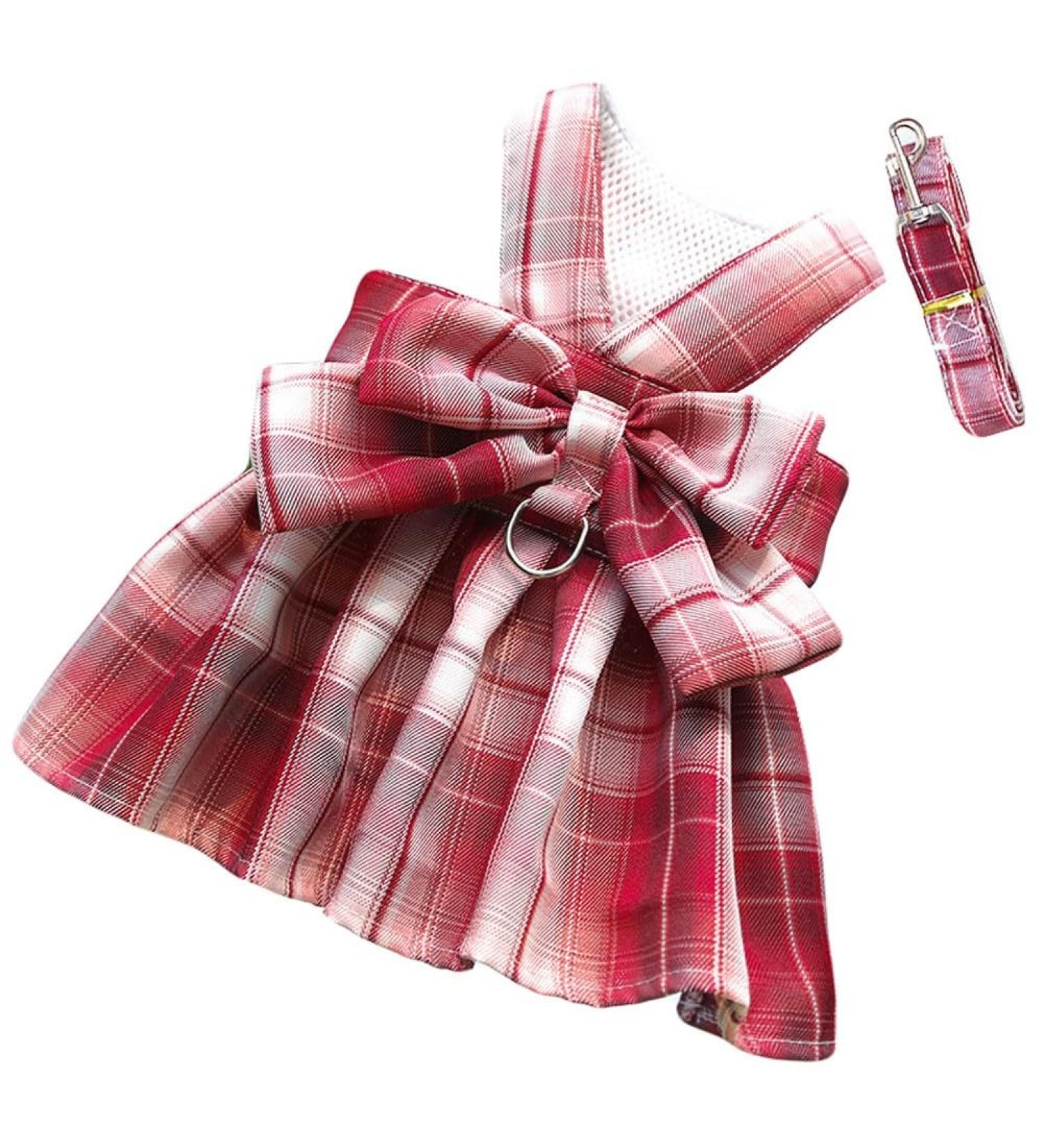 Oyccen Dog Grid Dress Harness & Leash Set - Stylish Bow Tie Princess Pet Clothes for Small Dogs & Cats - Red - Buy Online on GoSupps.com