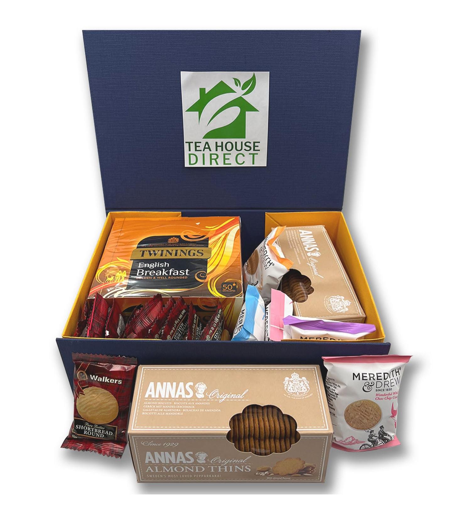 Walkers Shortbread Rounds X10 | Annas Original Almond Thins Biscuit | Meredith & Drew X5 | Twinings English Breakfast Envelope (50-Sachets) | In a Blue Luxurious Gift Hamper - Buy Online on GoSupps.com