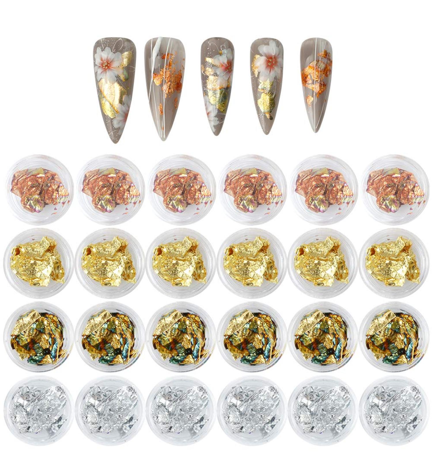Nail Art Glitter Decoration Set - 24 Boxes Nail Foil Rose Gold Silver Paillette Flake Sequins for 3D Nail Design - Buy Online on GoSupps.com