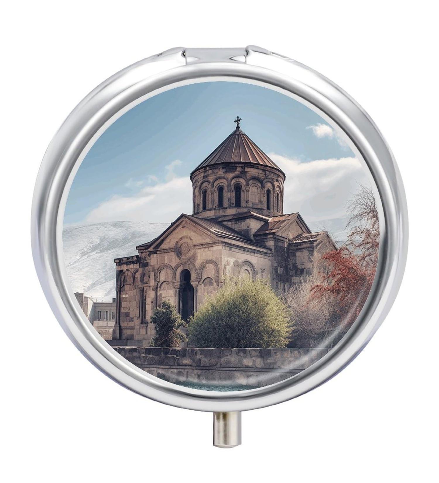 Round Pill Box with Armenian Church Print | 3 Compartment Metal Pill Organizer | Decorative Portable Pocket Case - Buy Online on GoSupps.com