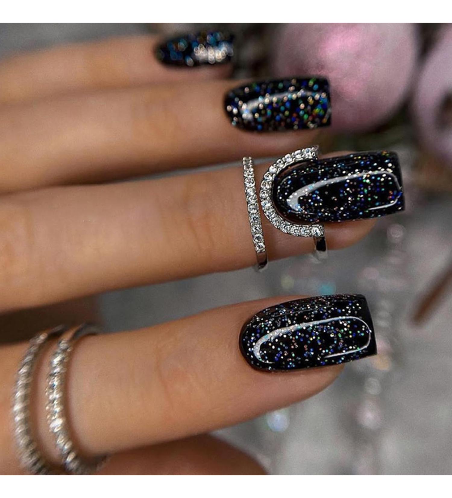 24Pcs Short Square Black Glitter Press on Nails with Rhinestones | Glossy False Nails for Women and Girls | Removable Stick on Nails for Manicure Decoration - Buy Online on GoSupps.com