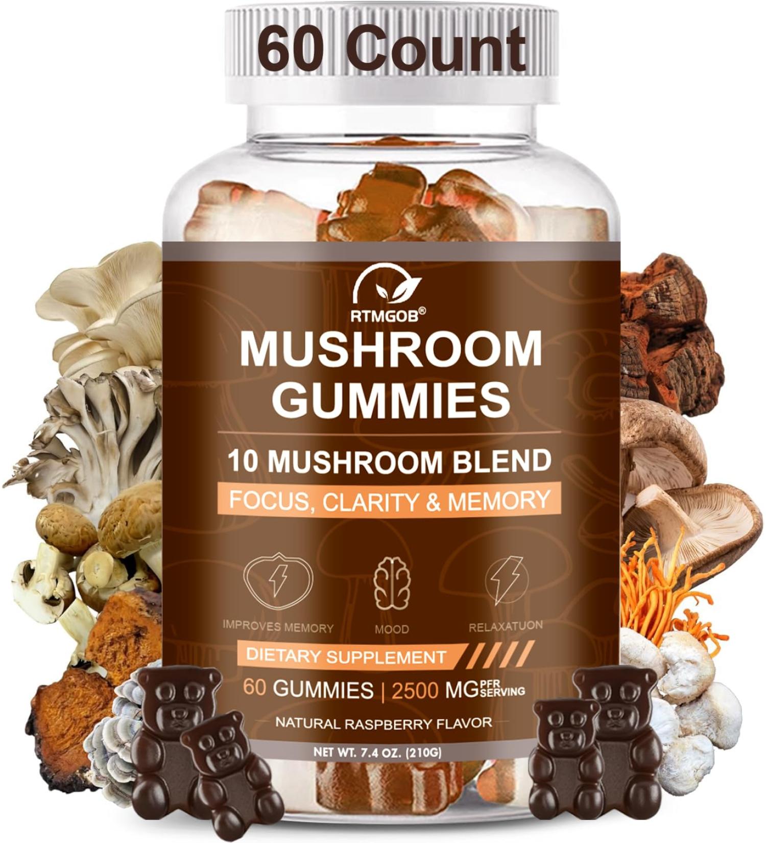 RTMGOB Mushroom Gummies 2500mg 10-in-1 Blend Turkey Tail Chaga Reishi Cordyceps & Lions Mane Organic Mushroom Extracts Nootropic Brain Booster for Focus Memory Clarity- 60 Count - Buy Online on GoSupps.com