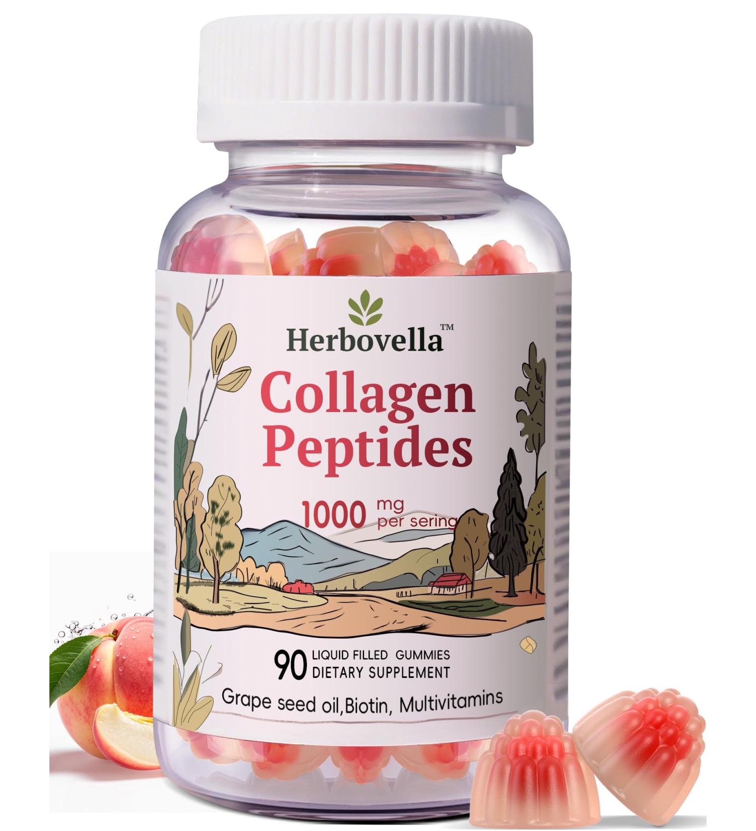 Herbovella Marine Collagen Peptides Gummies for Women- Hydrolyzed Collagen Peptides 1000mg with Biotin Vitamins Hyaluronic Acid- for Skin Hair Nails -Sugar Free 30 Servings Peach Flavor - Buy Online on GoSupps.com