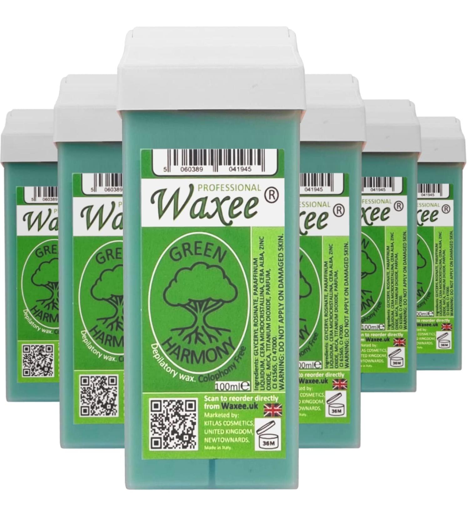 6 x 100ml roll on wax cartridge roller wax refill COLOPHONY FREE Waxee (Roll on wax Green Harmony)