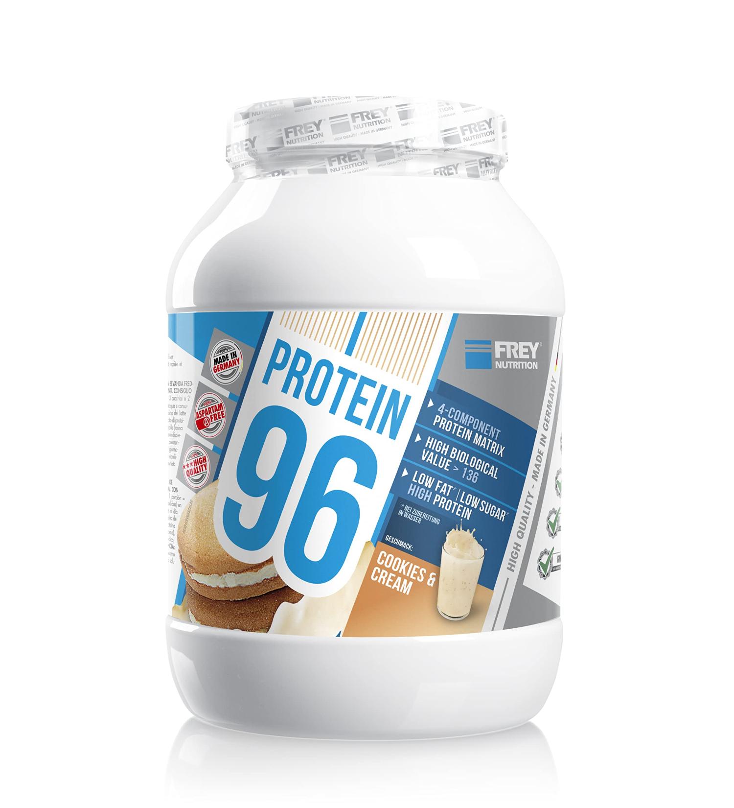 FREY Nutrition PROTEIN 96 cookies and cream 750 g ideal for lowcarb diet phases and as a snack high casein content low carbohydrate Made in Germany - Buy Online on GoSupps.com