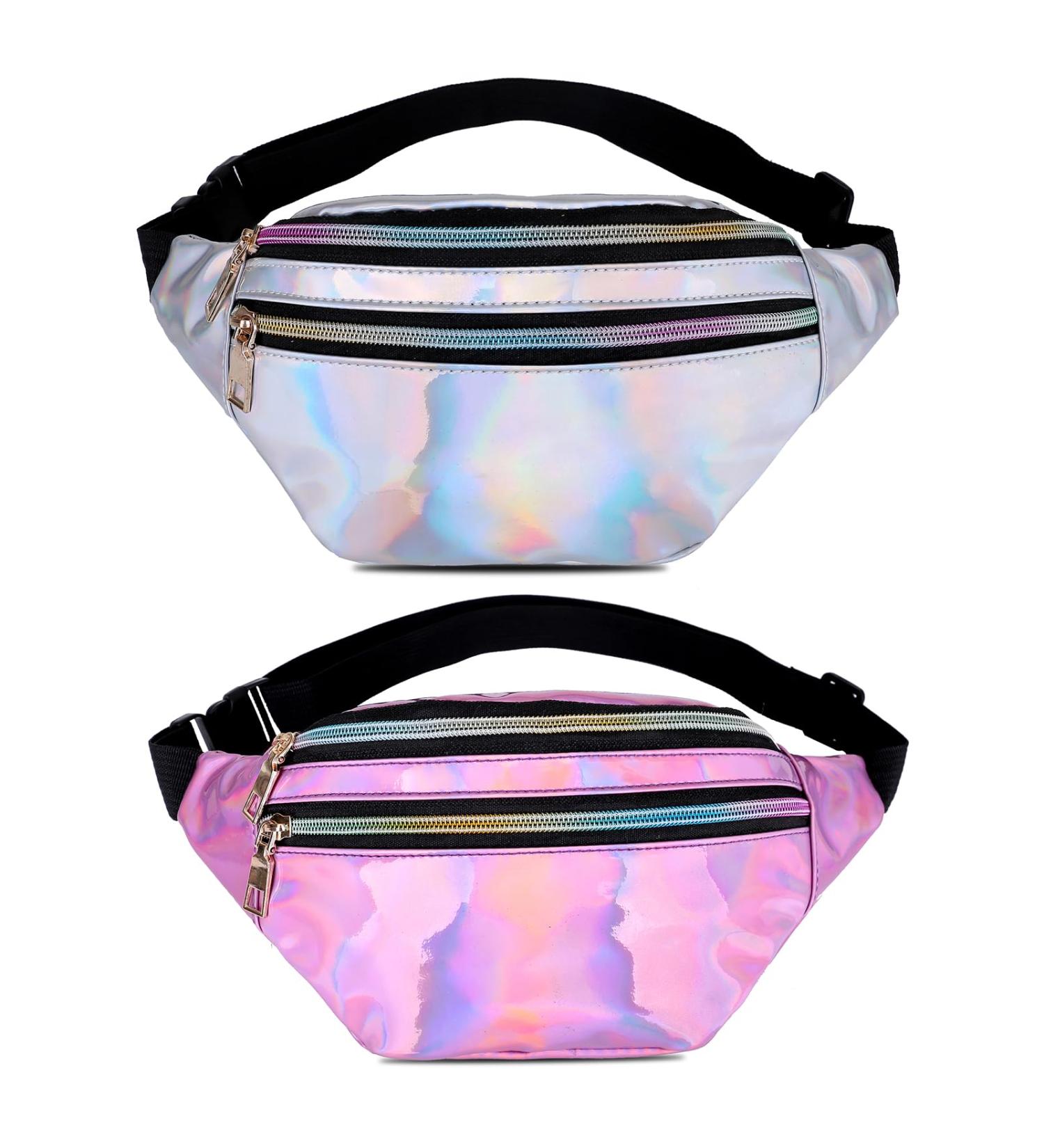 Valleycomfy Holographic Fanny Pack for Women - 2 Piece Adjustable Glitter Belt Pocket for Outdoor Travel & Hiking - Buy Online on GoSupps.com