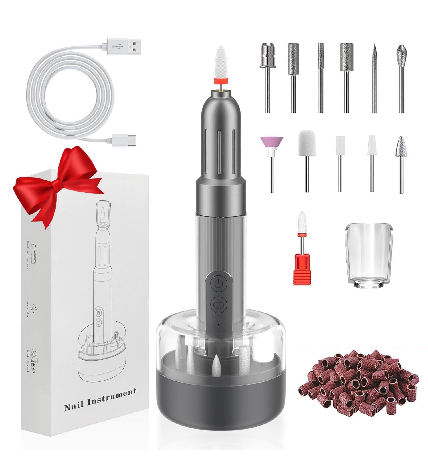 Portable Rechargeable Electric Nail File Kit | 12 Bits, 6 Speeds | Professional Nail Drill for Acrylic & Gel Nails | Dark Gray | Great Gift for Women - Buy Online on GoSupps.com