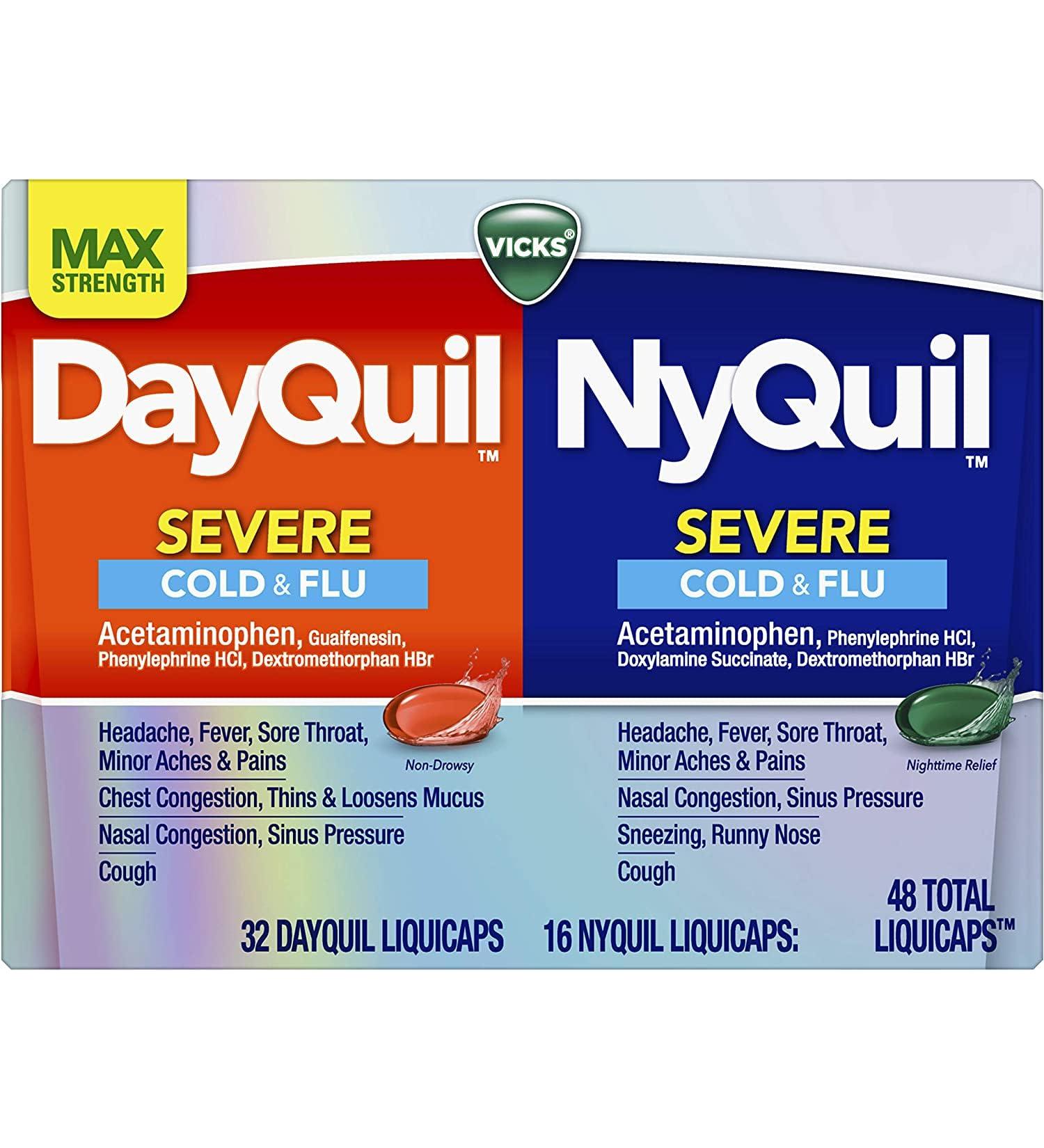 Vicks DayQuil/NyQuil Severe Cough Cold & Flu Relief 48 LiquiCaps - Sore Throat, Fever, Congestion Relief - 32 DayQuil/16 NyQuil - Day & Night Formula - 48 Count - Buy Online on GoSupps.com