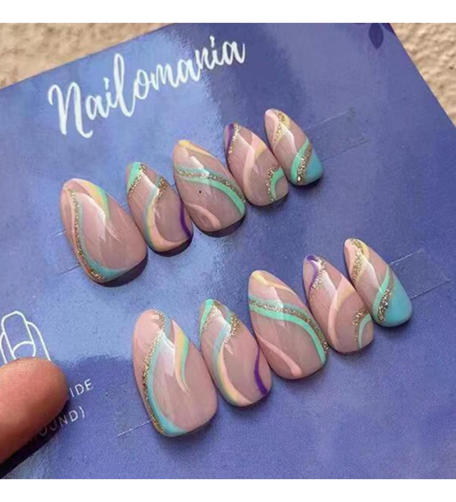 Rainbow Glitter Almond Short False Nails Set | 24 pcs French Press On | Multi Colour Fake Nails with Nail Glue | Pastel Oval Medium Stick On Nails for Women - Buy Online on GoSupps.com