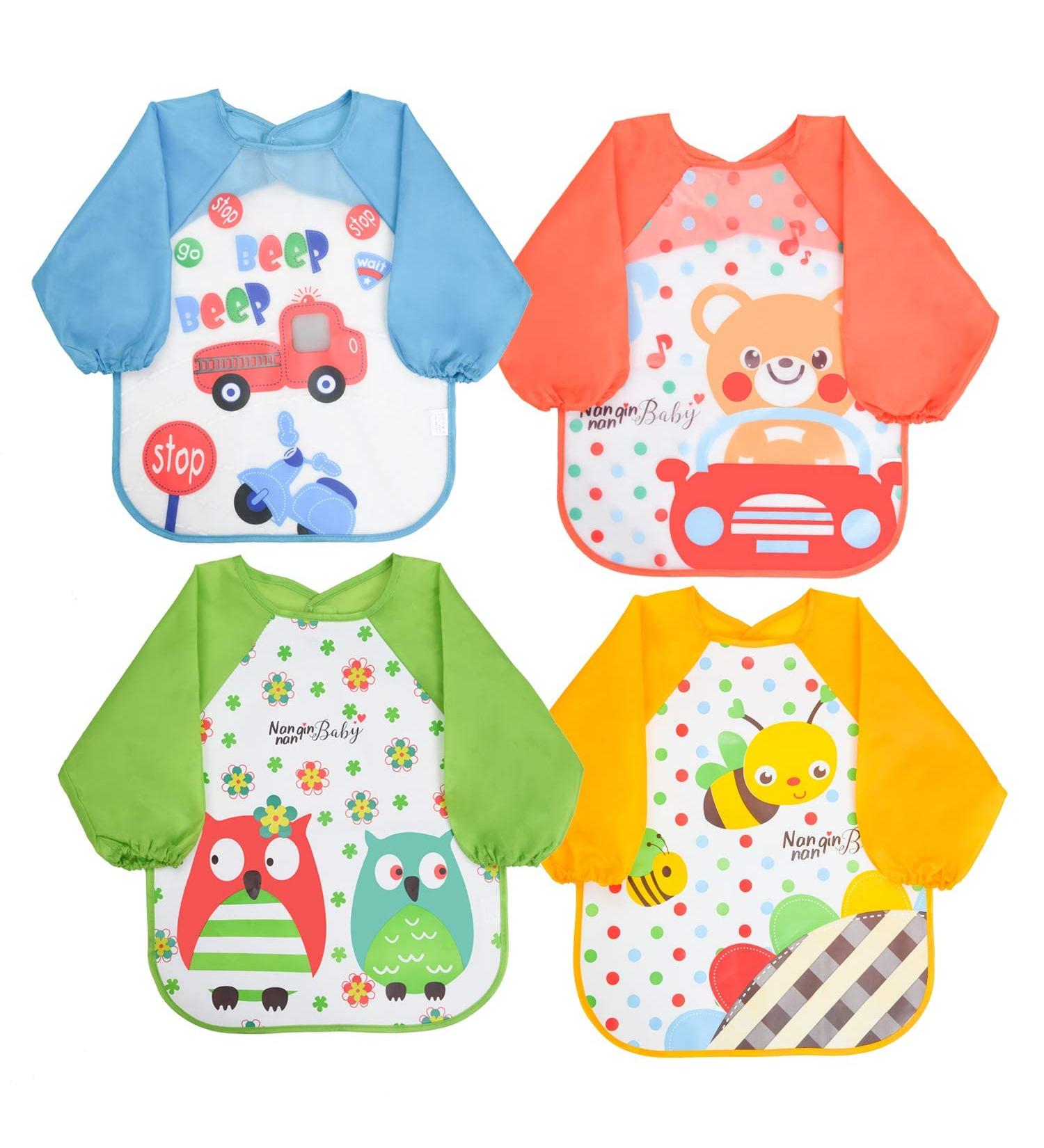 Vicloon Waterproof Long Sleeve Baby Bibs - 4 Pack - Unisex Infant/Toddler Bibs with Cartoon Designs - Buy Online on GoSupps.com