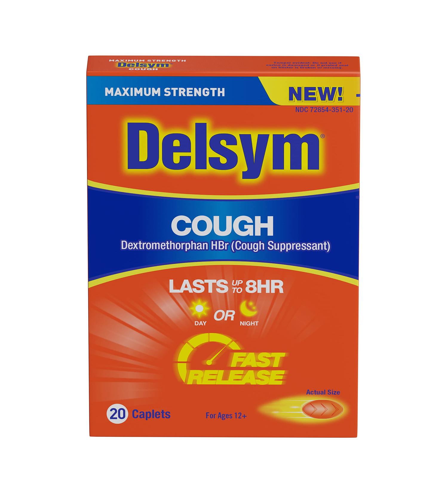 Maximum Strength Delsym Cough Suppressant Fast Release Caplets - 8 Hour Day/Night Relief, 20 Count (Pack of 1) - Buy Online on GoSupps.com