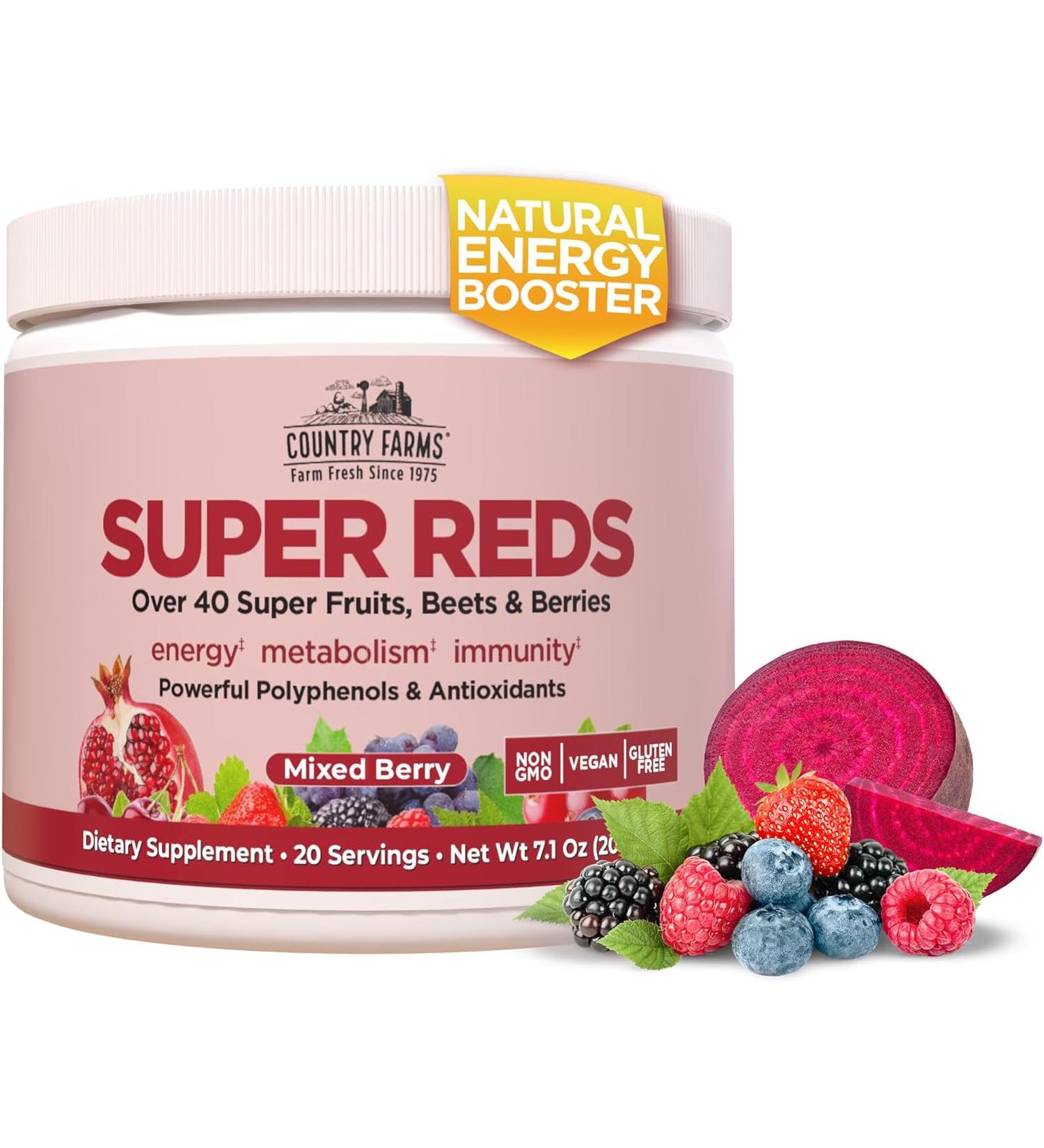 Country Farms Super Reds - Energizing Berry Polyphenol Superfood | 20 Servings - Buy Online on GoSupps.com