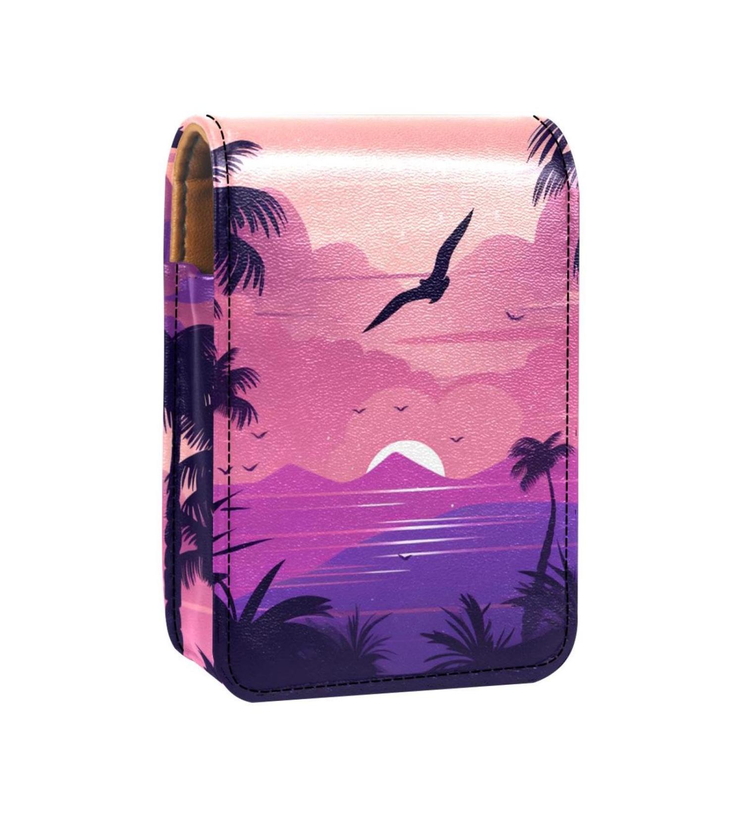 Travel Lipstick Organizer Case - Portable Makeup Bag with Mirror | Purple Palm Tree Sunset Design - Buy Online on GoSupps.com
