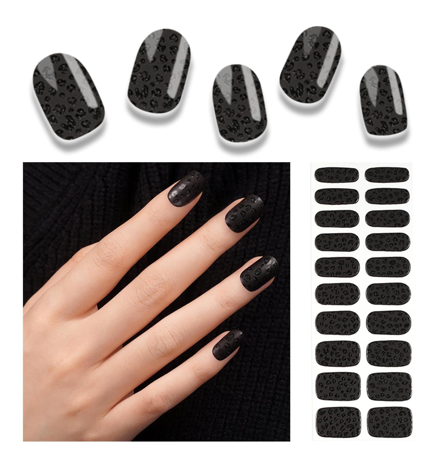 Foyute Semi Cured Gel Nail Strips 20 Pcs Soft Self-Adhesive Gel Nail Polish Wraps Sticker for Salon-Quality Manicure Set Long Lasting Easy to Apply & Remove Nail File & Wooden Stick (Leopard Black) - Buy Online on GoSupps.com