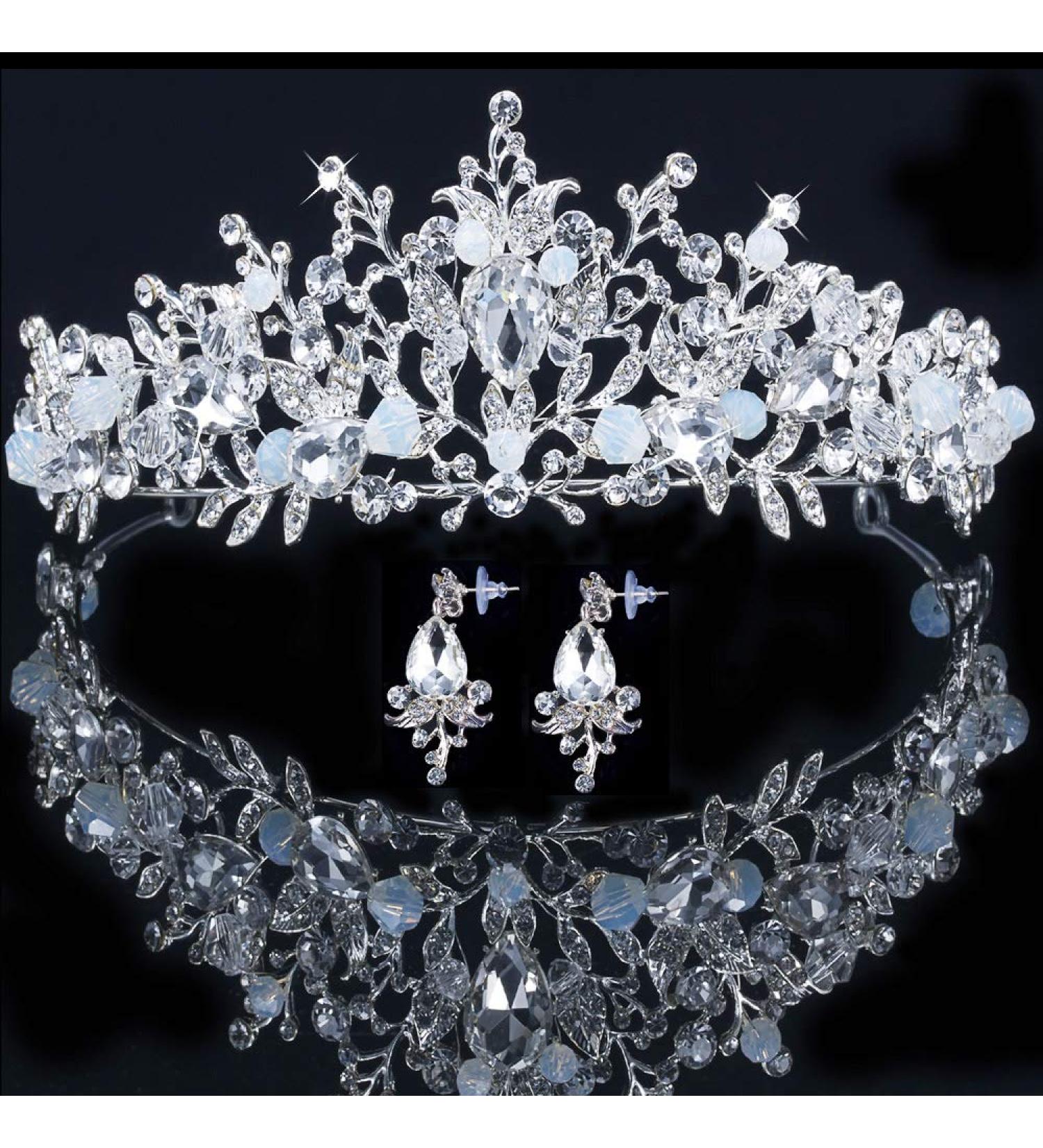 Mesfugw White Tiara and Crown Set - Pageant Crowns for Women and Girls, Princess Tiara with Earrings - Ideal Gift with Gift Box Packaging - Buy Online on GoSupps.com