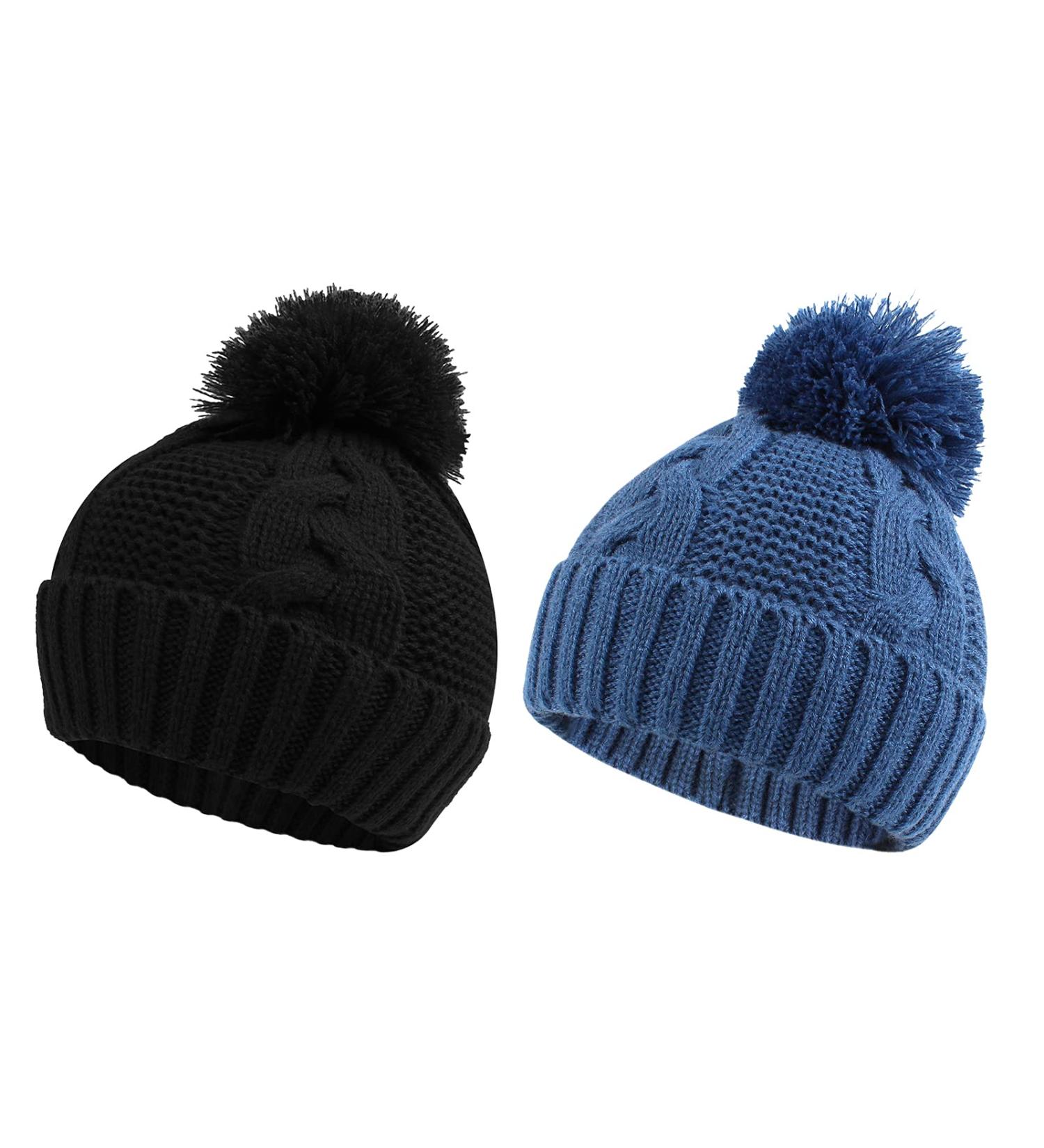 XIAOHAWANG Winter Knit Hat for Baby Boys and Girls | Pompom Cap 0-3 Years | Black+Blue - Buy Online on GoSupps.com
