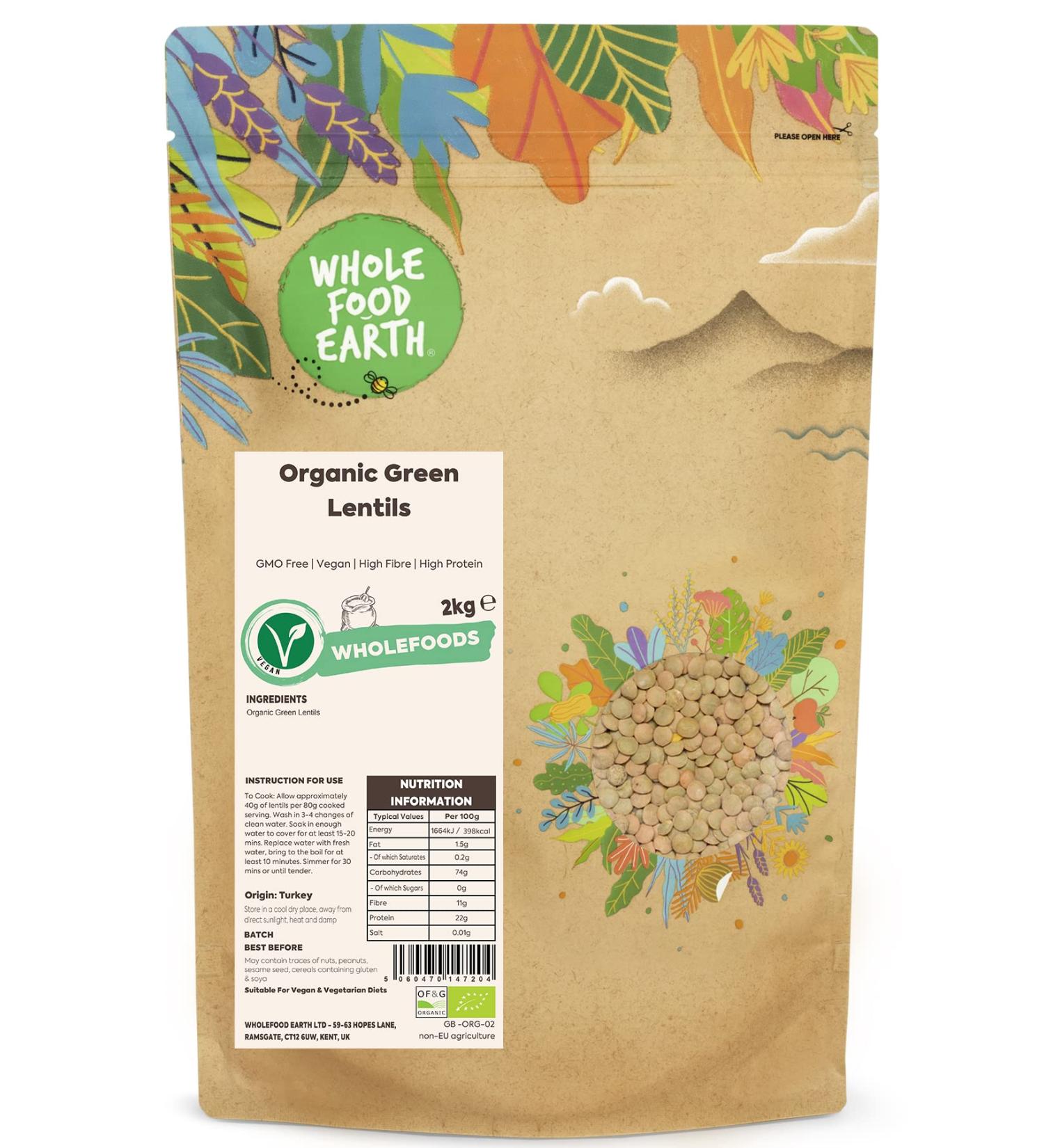 Organic Green Lentils 2kg - GMO Free, Vegan, High Fibre, High Protein - Wholefood Earth - Buy Online on GoSupps.com