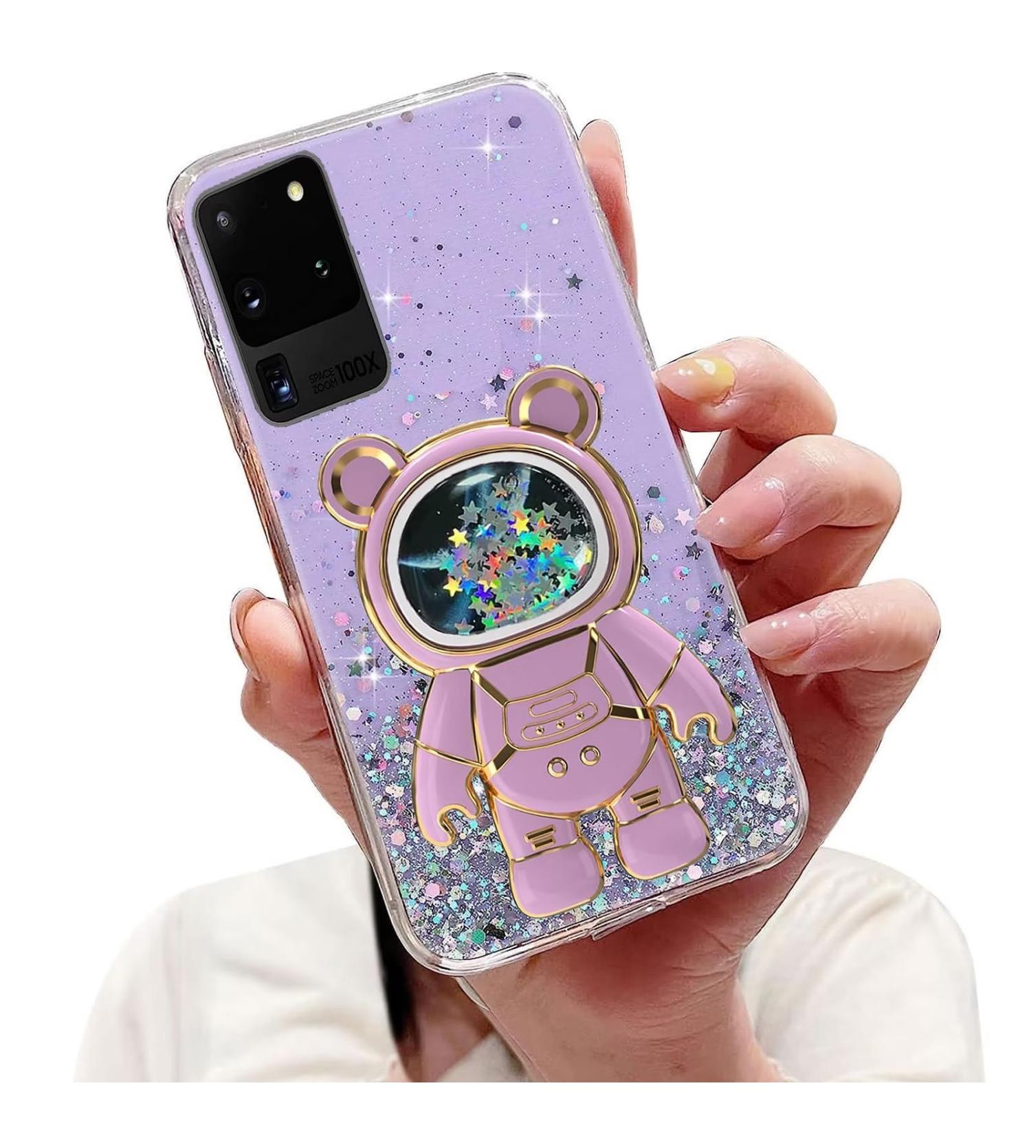 Tivenfezk Nadoli Astronaut Glitter Phone Case for Samsung Galaxy S20 Ultra - Soft Silicone Protective Cover with Hidden Stand - Purple Caricature Design - Buy Online on GoSupps.com