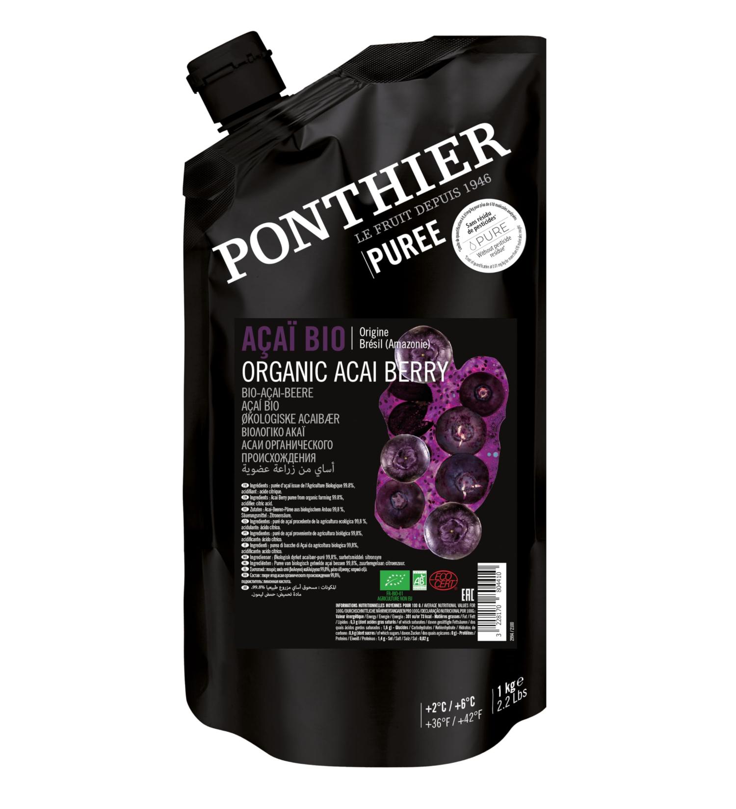 Ponthier Bio Acai Fruit Puree - 1kg | Pure Acai Berries from the Amazon | No Colors or Preservatives | Perfect for Smoothies Bowls Ice Cream & Desserts - Buy Online on GoSupps.com