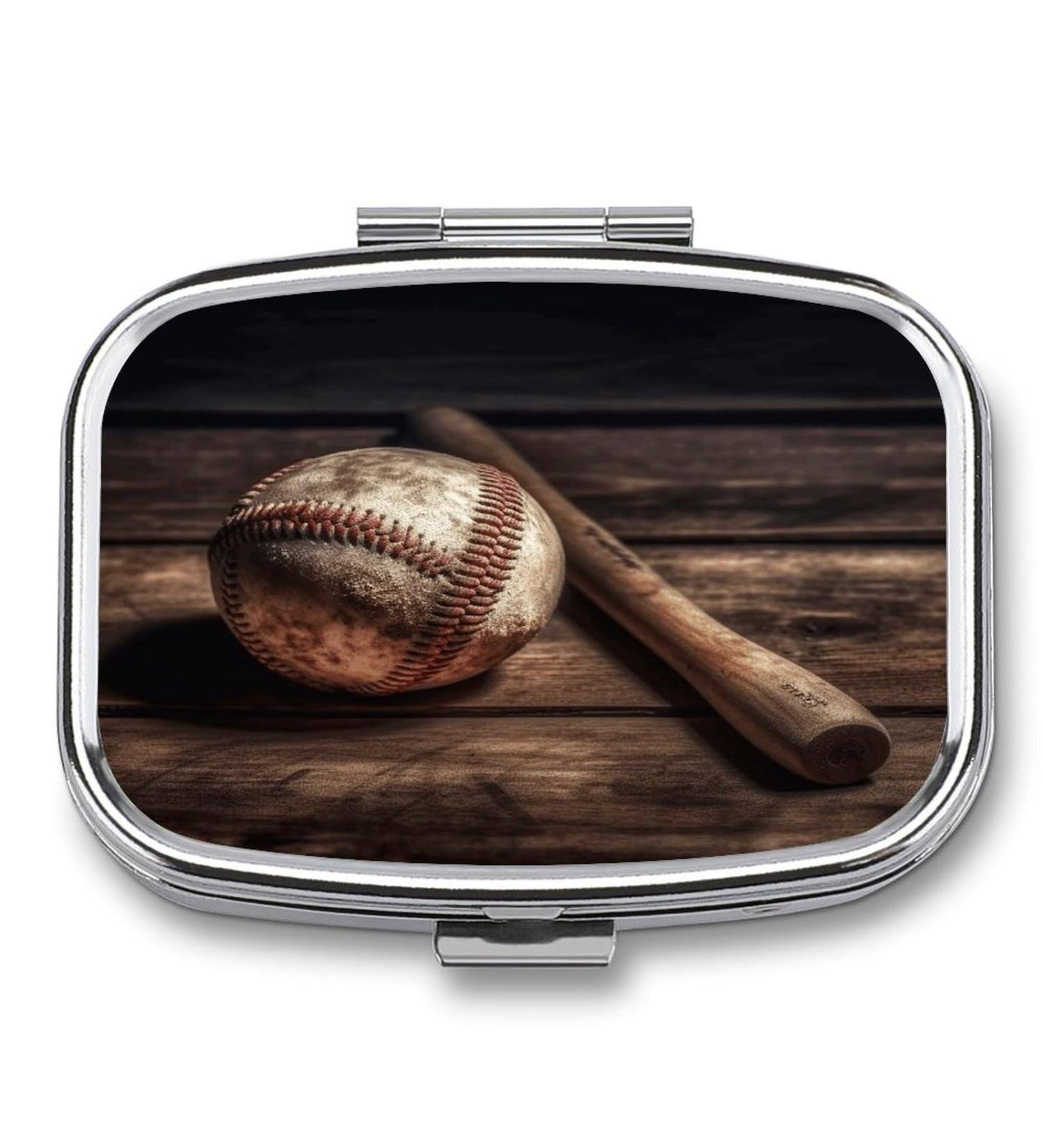 Baseball Pill Box on Wooden Print | 2 Compartment Portable Pill Organizer | Decorative Metal Case for Pocket or Purse - Buy Online on GoSupps.com