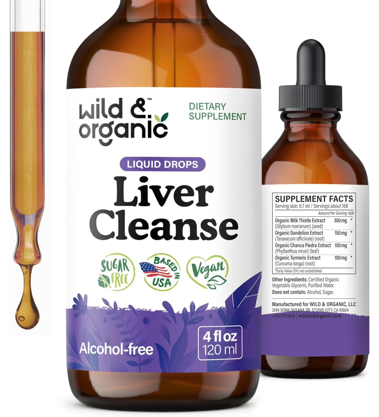 Wild & Organic Liver Cleanse Tincture - Alcohol-Free Detox with Milk Thistle & Dandelion Root - Vegan Liver Health Drops - 4 fl oz - Buy Online on GoSupps.com