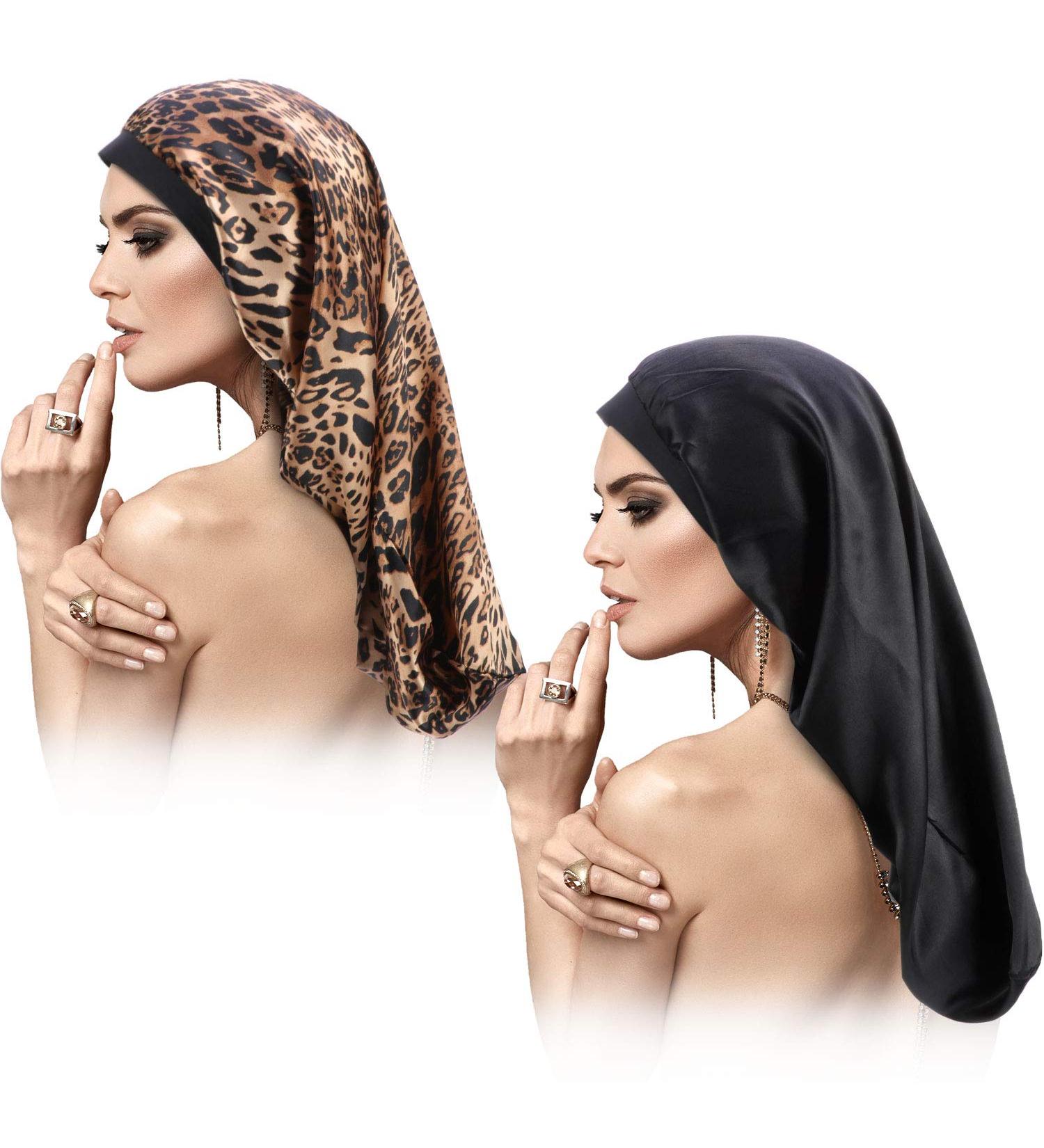 2-Piece Long Satin Bonnet Set for Braids, Dreadlocks, and Curly Hair - Leopard Print Sleep Cap for Long Hair - Buy Online on GoSupps.com