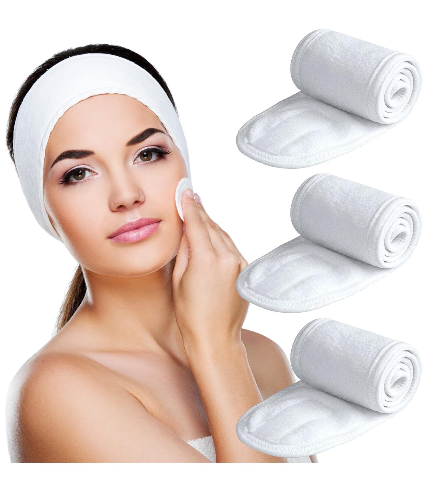 3 Pack Makeup Headband, Denfany Ultra Soft Adjustable Spa Facial Headbands Terry Cloth Stretch Make Up Wrap for Face Washing, Shower, Facial Mask, Yoga (White+White+White)