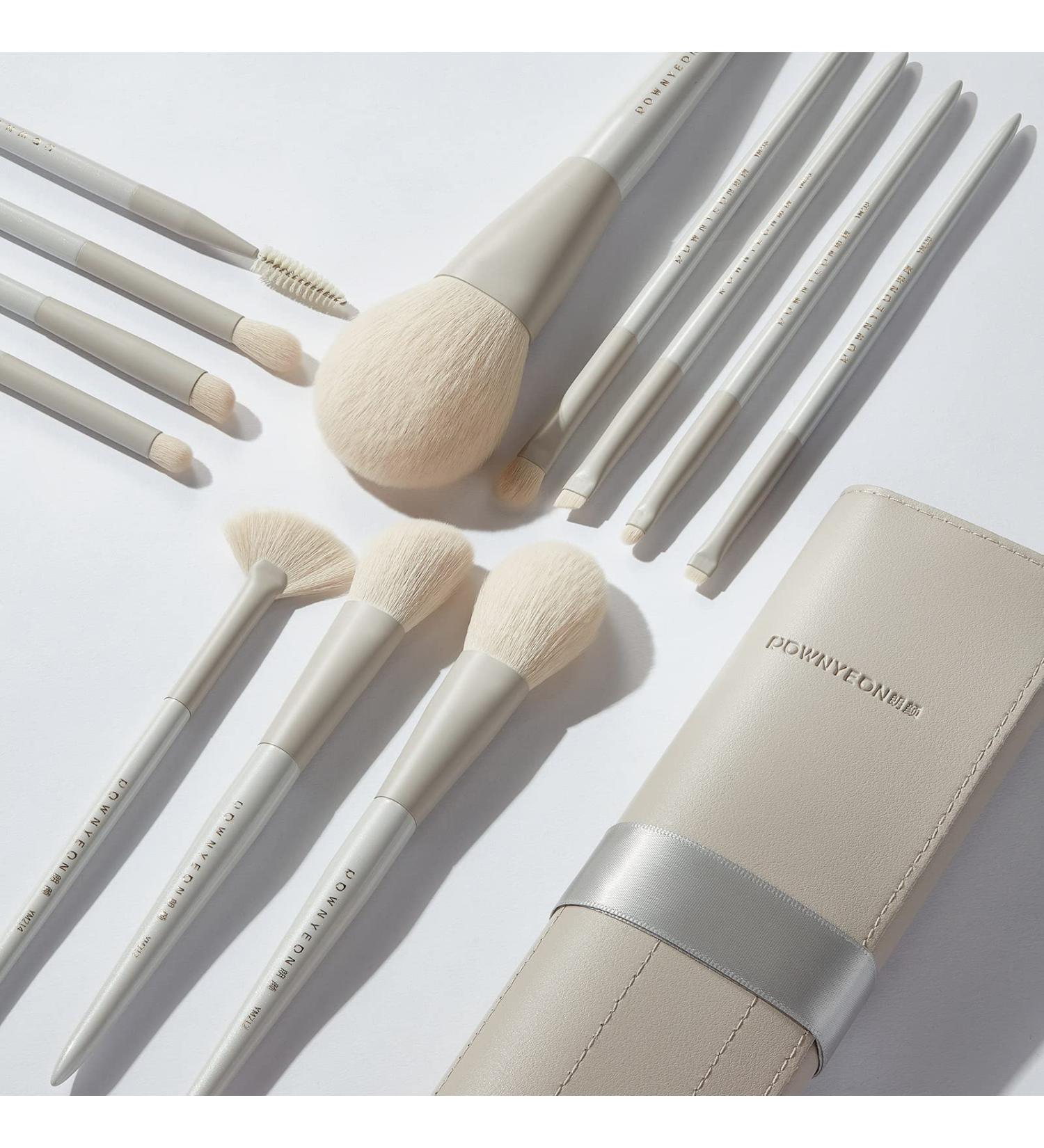 Rownyeon 12pcs White Grey Makeup Brush Set - Professional Synthetic Brushes for Foundation, Blending, Powder, Blush, Concealer, and Eyeshadow - With PU Leather Roll - Buy Online on GoSupps.com
