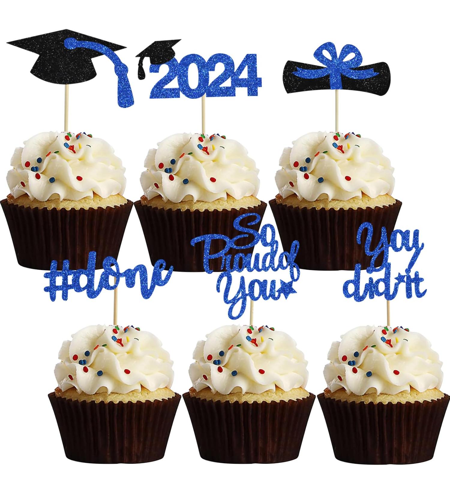 BEISHIDA 12pcs So Proud of You Cupcake Topper Graduation Cupcake Decoration 2024 Graduation Congrats Cupcake Toppers Blue Glitter High School/College/Senior Graduation Party Supplies Blue Black - Buy Online on GoSupps.com